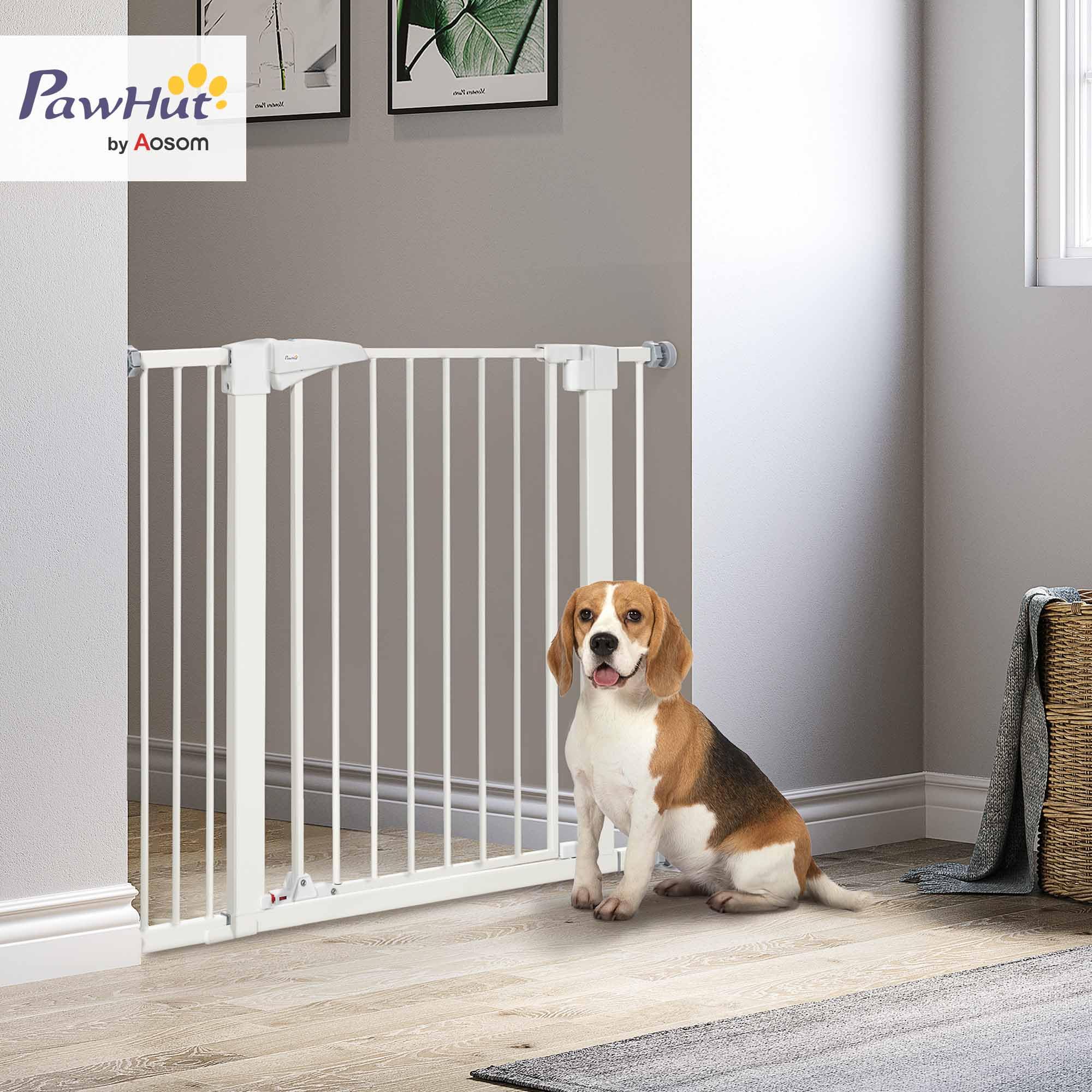 PawHut Barrière de sécurité pour Chien Extensible, Largeur 76-103 cm, sans perçage avec Fermeture Automatique et Double Verrouillage, Hauteur 77 cm pour escaliers, couloirs, Blanc