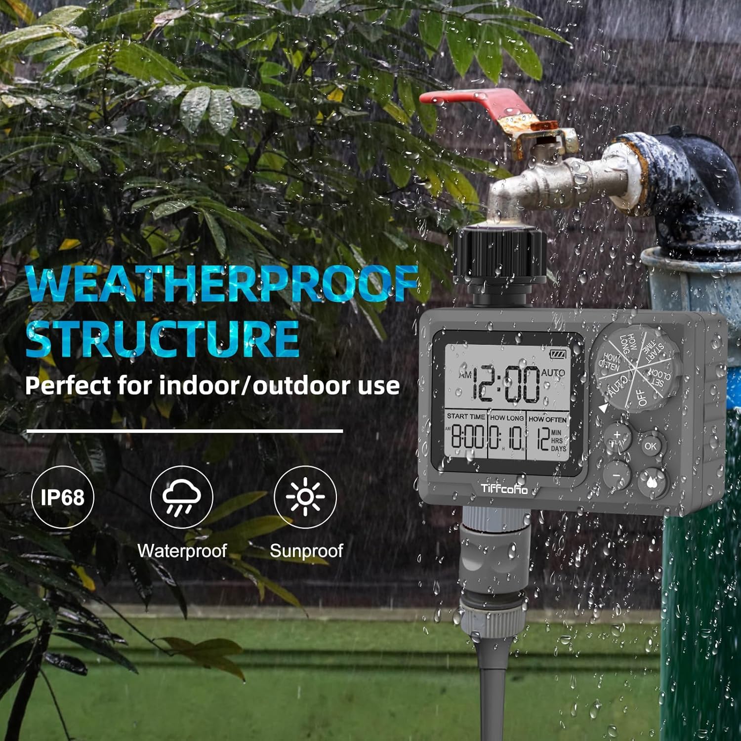 TiFFCOFiO New Sprinkler Timer Outdoor, Digital Programmable for Garden Hose, Irrigrtion Timer with Rain Delay and Manual Mode
