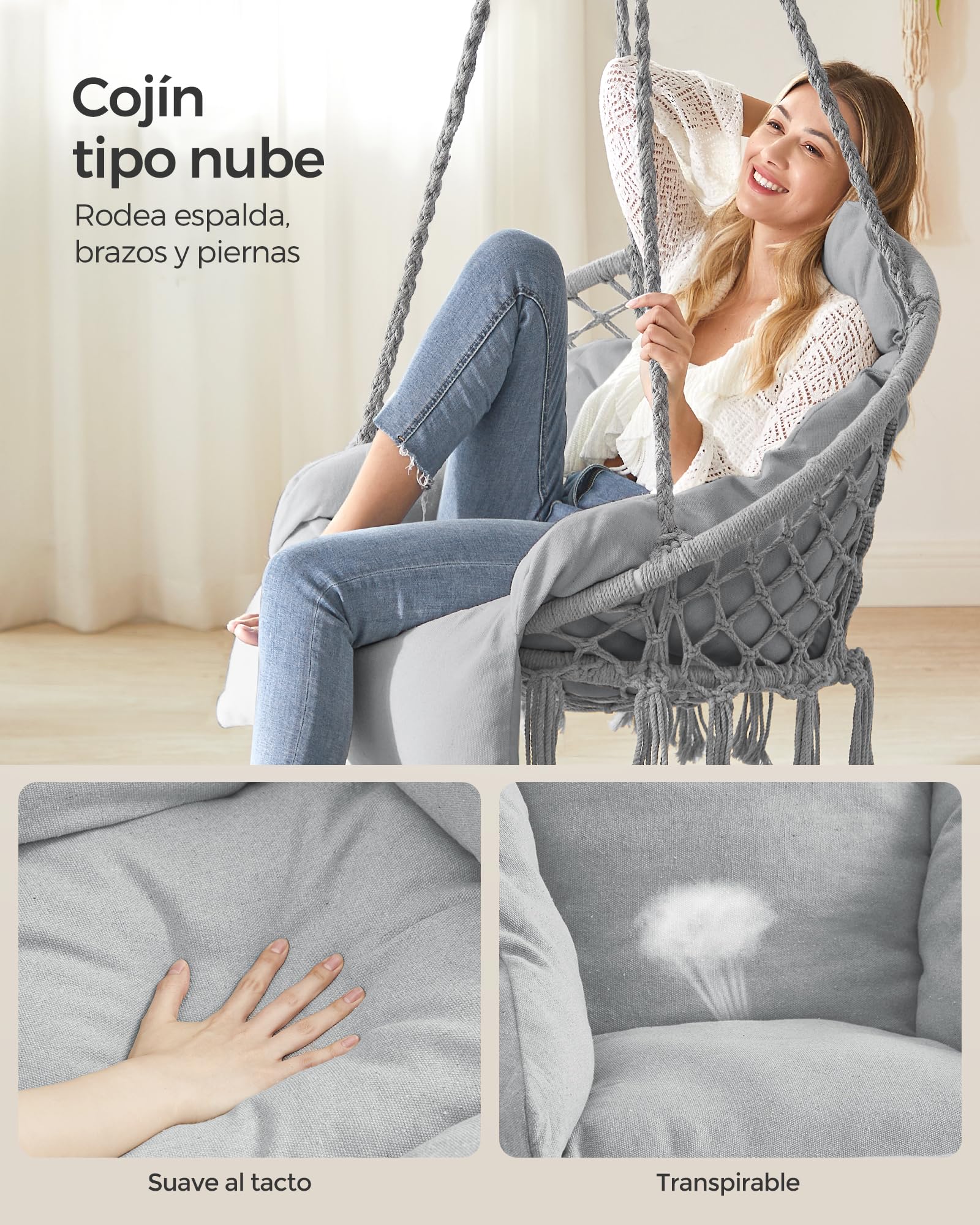SONGMICS Hamaca Silla, Silla Colgante, Cojín Grande y Grueso, Boho para Dormitorio, Balcón, Jardín, Sala de Estar, Soporta hasta 120 kg, Incluyen Accesorios, Gris Paloma GDC042G11V3