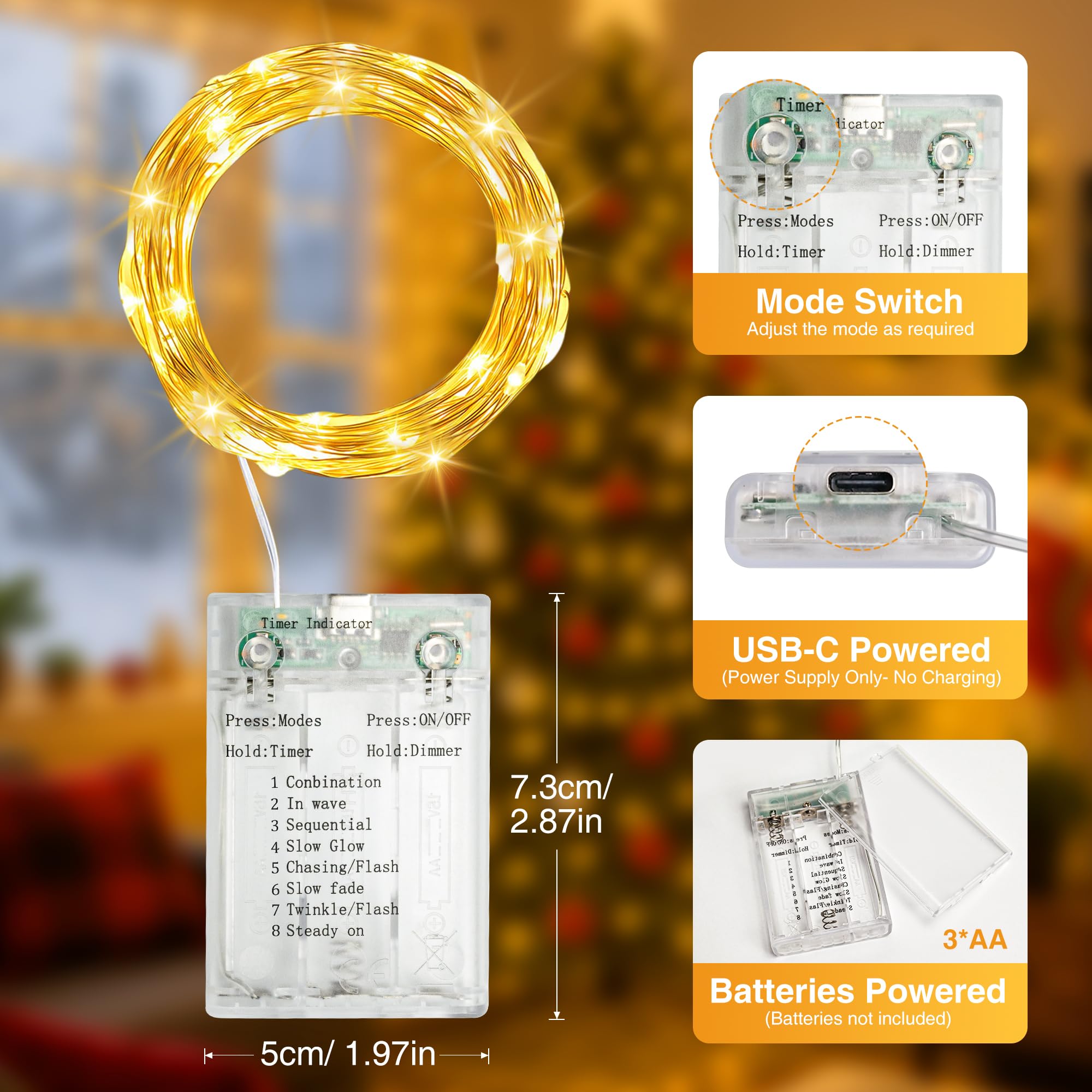 Lichterkette mit 50 LEDs, batteriebetrieben, mit Timer, 8 Modi, USB-Mini-Funkel-Licht, kleine Lichterkette für Kranz, Vase, Schlafzimmer, DIY, Hochzeit, Party, Dekoration, Warmweiß, 8 Stück