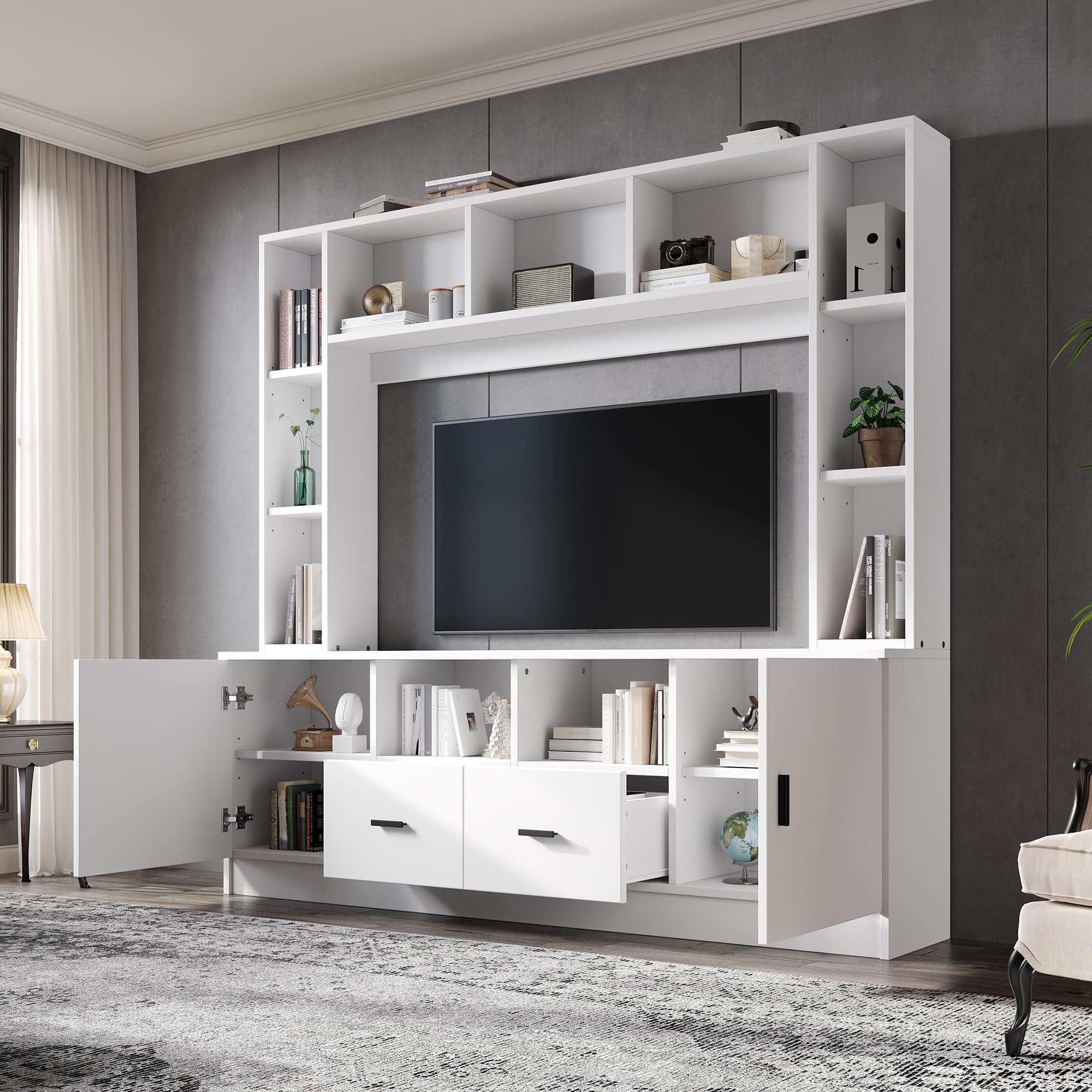 Set parete attrezzata TV 180*35*170 cm con vetrina, parete multimediale incl. set mobile TV e scaffale, set mobili soggiorno TV con 2 armadi, 2 cassetti, 11 scomparti, parete componibile, parete soggi