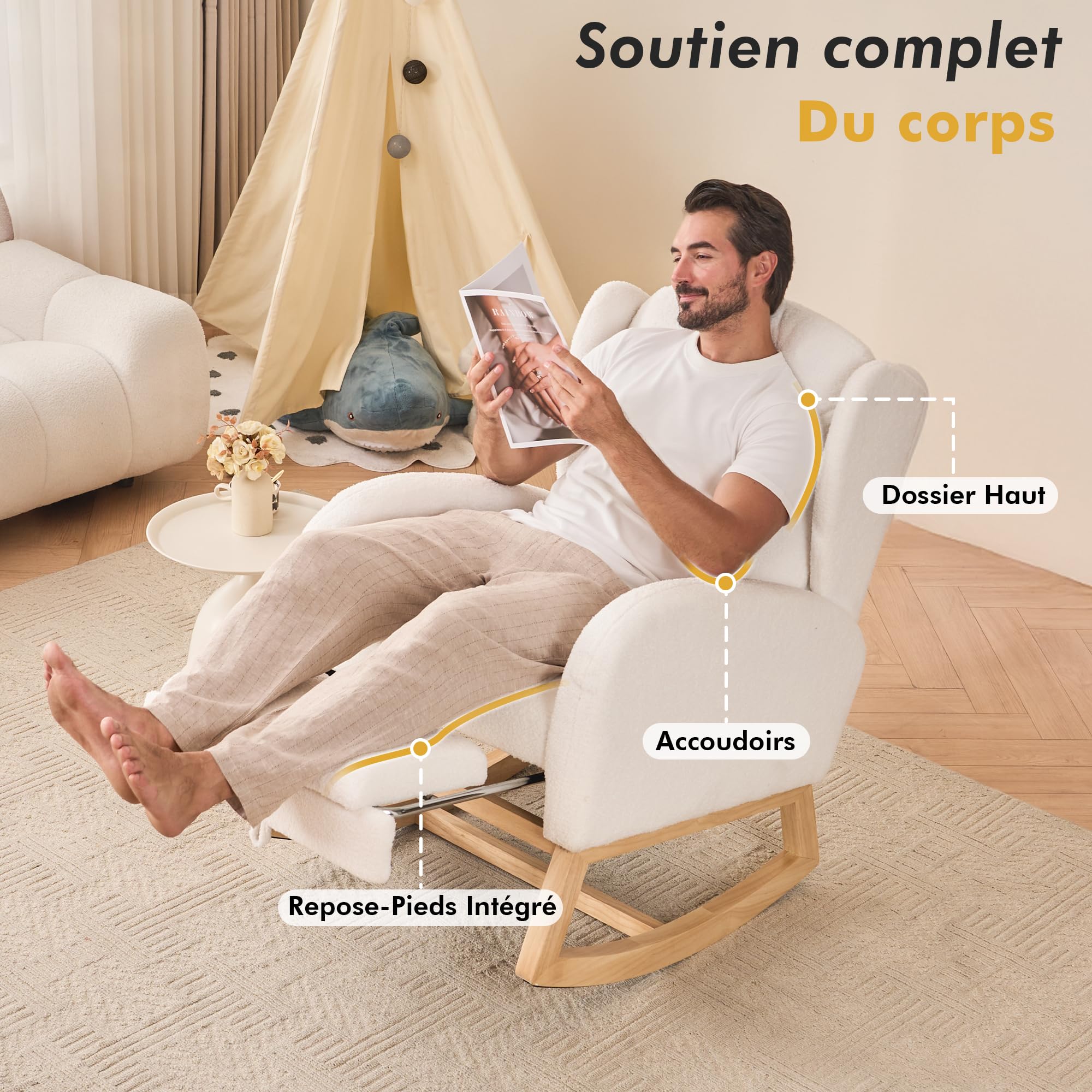 DEKKETO Fauteuil à Bascule avec Repose-Pieds - Rocking Chair Allaitement à Dossier Haut et Poche, Chaise a Bascule à Oreilles en Bouclette, pour Salon, Chambre Bebe, Blanc
