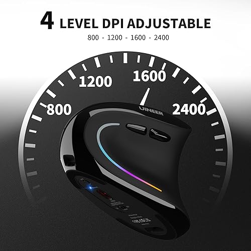 Miniatura 5 de Uineer Ratón ergonómico, mouse vertical inalámbrico recargable con Bluetooth, LED de 7 colores, 4 DPI ajustables, USB-A, alivio de tensión
