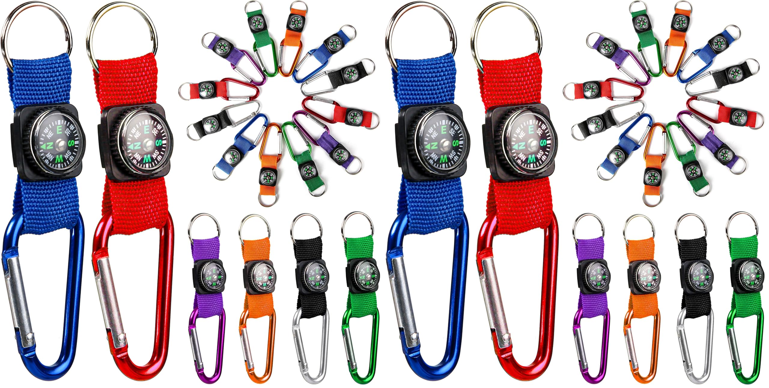 PROLOSO Colorful Carabiner Compass Keychain Belt Clips Kids Toys Prizes Outdoors Adventure Party Favors 20 Pcs