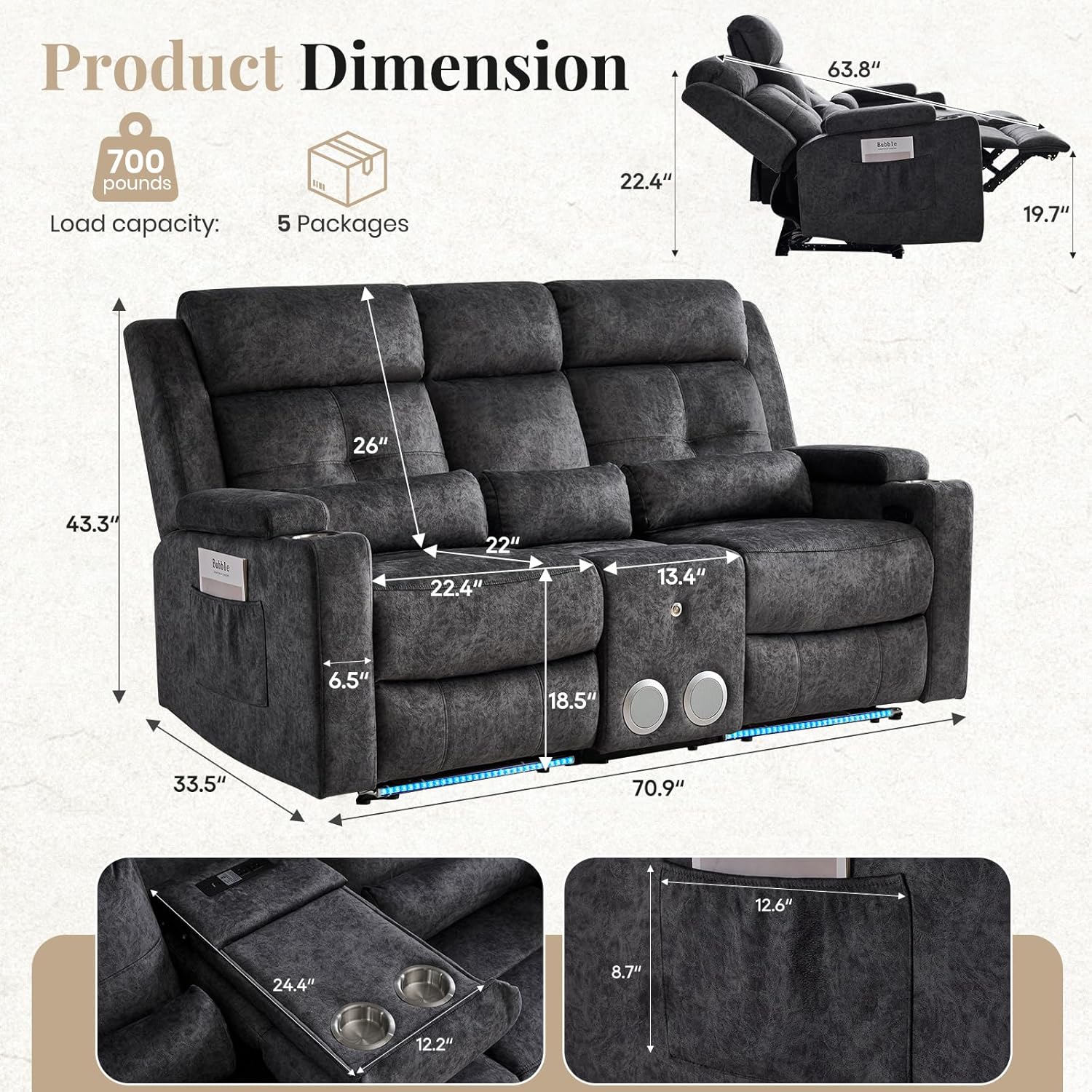 Power Reclining Loveseat Sofa with Drop Down Table, One-Touch Reclining Couch with LED Light/Console/Storage,RV Wall Hugger Double Recliner for Living Room&Home Theater(Velvet Gray) | Bluetooth Function, LED Light, Hidden Storage