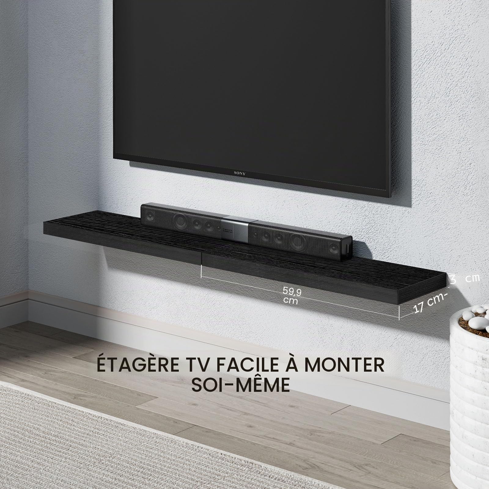 STOREMIC étagère Murale 60 cm avec Supports cachés, Lot de 2, Noir | Étagères murales pour chambre, salle de bain, bureau et salon, panneaux MDF, rangement flottant moderne, montage facile