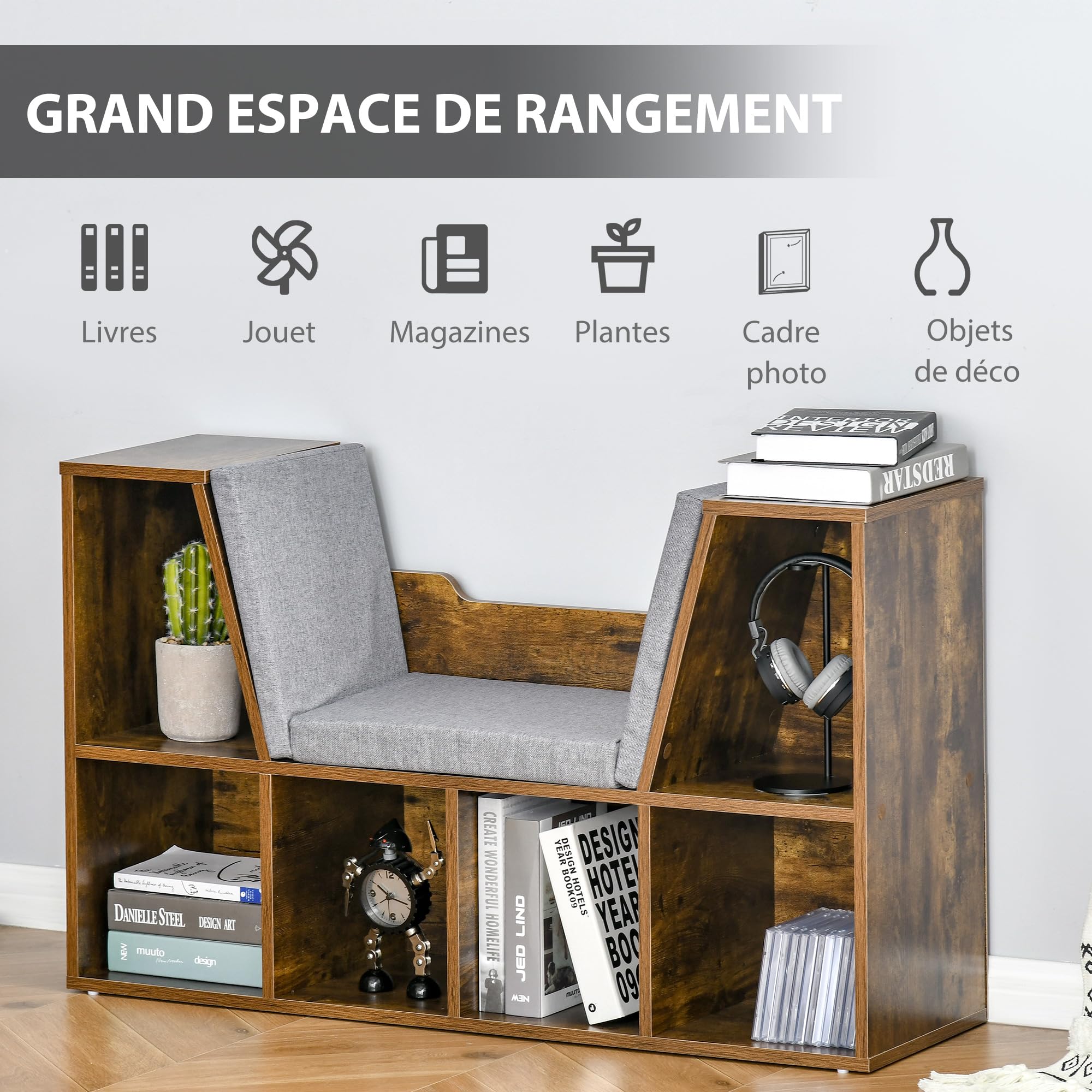 HOMCOM - Biblioteca banco 2 en 1 cojines de asiento (102 x 30 x 61 cm), color marrón | Estantería Cube, 6 Compartimentos Abiertos, 2 Niveles, Mueble de Almacenamiento, Salón, Dormitorio, Oficina
