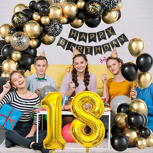 Vista 4 de Decoraciones de cumpleaños número 18 para niños, globos negros y dorados, kit de arco de guirnalda con el número 18, globo de confeti de papel