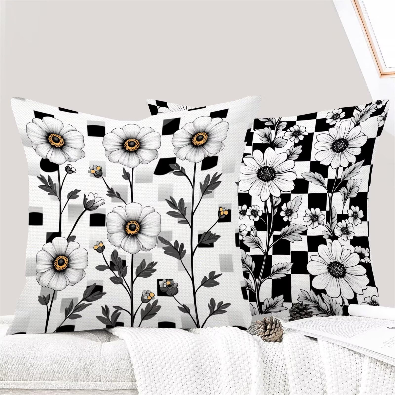 Fundas Cojines 70 x 70 cm Juego de 4 Cojines Exterior, Negro Flores (3) Lino Impermeable Sofa Fundas Cojin de para Sofá, Sala, Estar, Jardín, Coche, Decoración Del Hogar, con Cremallera Oculta m-263