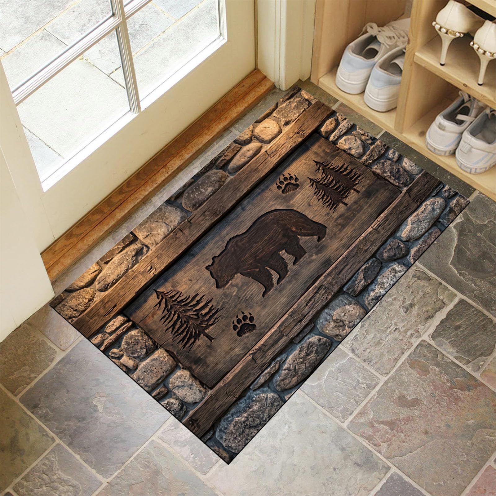 Felpudo Ultrafino Para Interiores, 80X120Cm, Talla De Madera De Oso Pardo Antiguo Alfombra Antideslizante Lavable Para Entrada, Animales Rurales Paredes Felpudo De Perfil Bajo, Atrapa Suciedad, Marrón