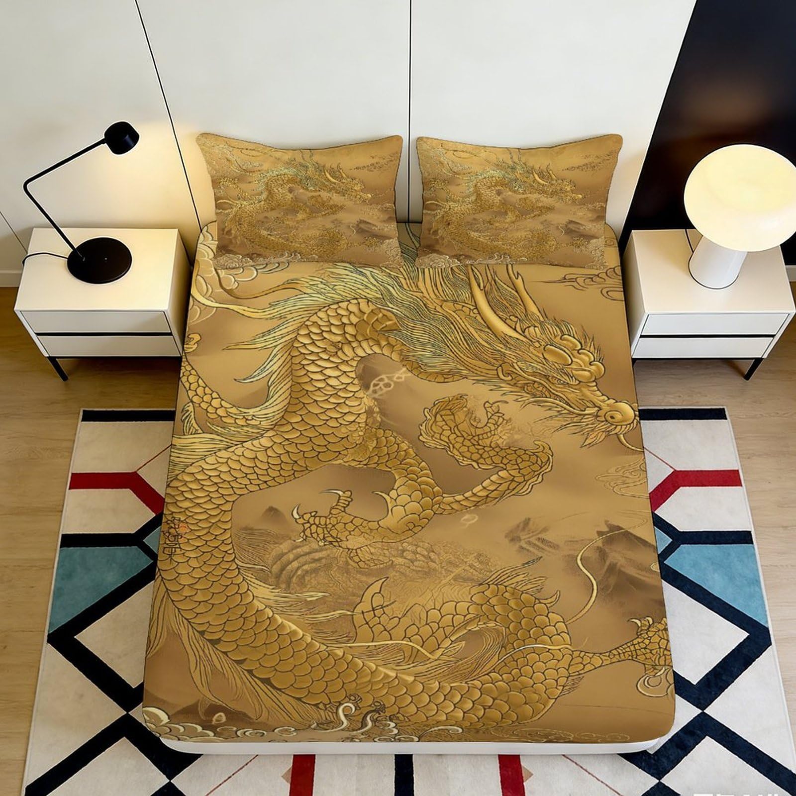 Uynsixtme Style-1 3D Printed Golden Dragon Fitted Sheet Microfiber Non-Slip Deep Pocket Bedroom Bedding Golden Dragon Mattress Fitted Cover 200X200x25cm