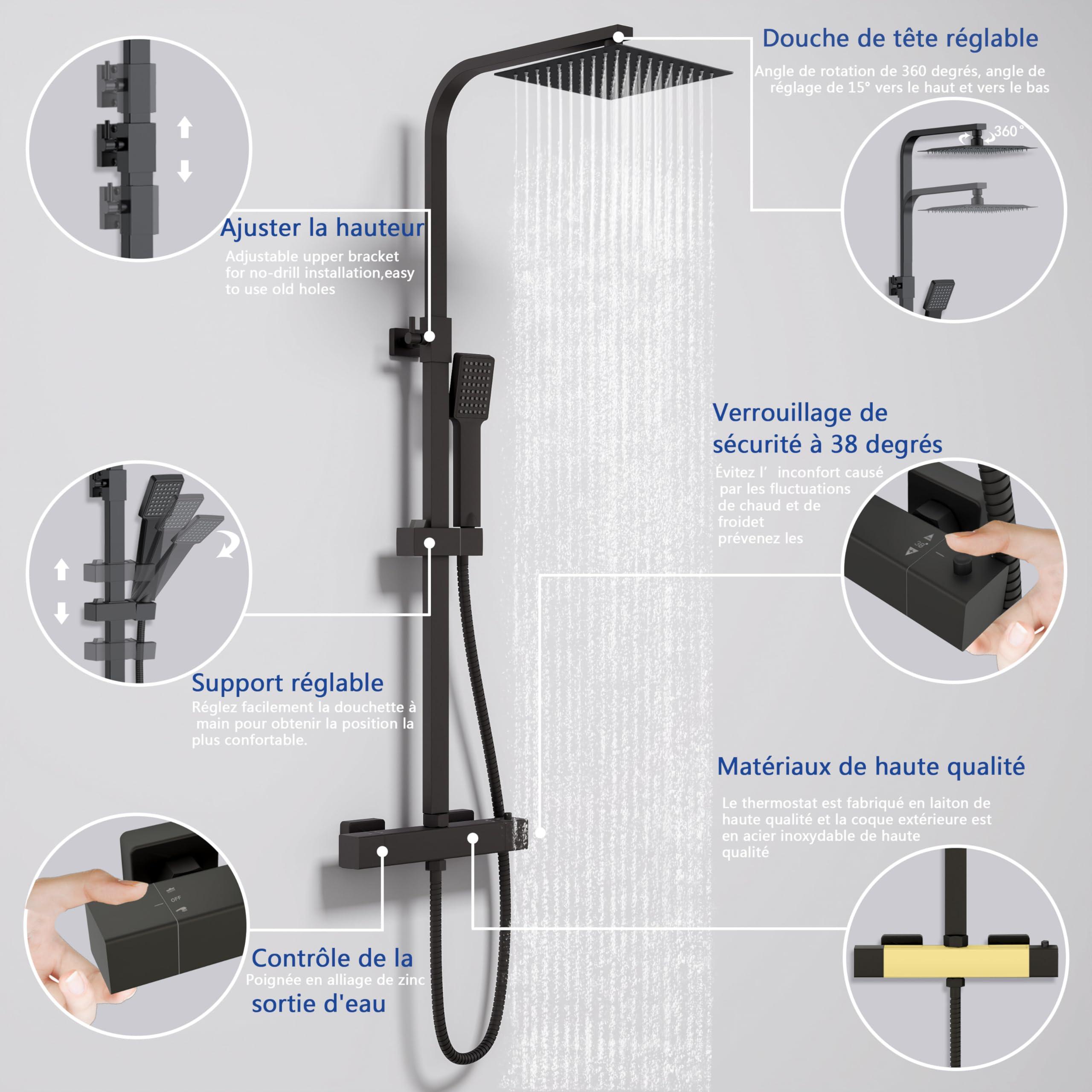 Colonne de Douche Thermostatique,Système de douche thermostatique 38°C,Colonne de Douche Acier Inoxydable avec Mitigeur Salle de Bain,20x20CM Pommeau de Douche,Carré,Mitigeur Douche Noir