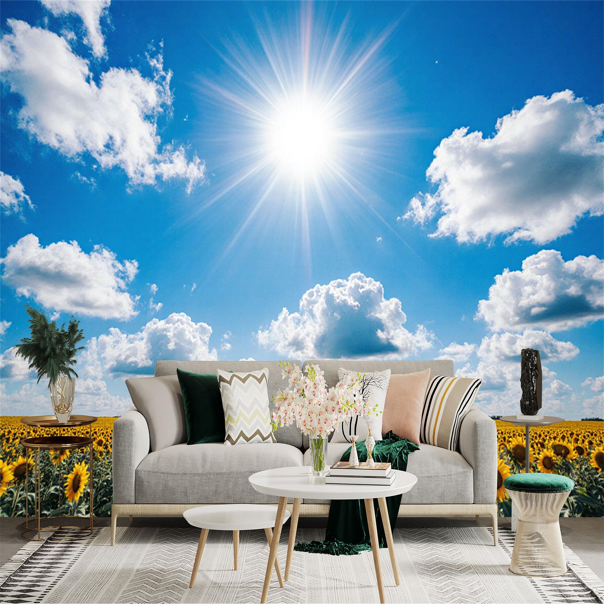 Custom Size Wall Sticker Mural， Vibrant Sunflower Field Under Bright Sunny Sky， Fluffy Clouds， Beautiful Nature Landscape， for wall Decoration， peelandstick wall Decals.