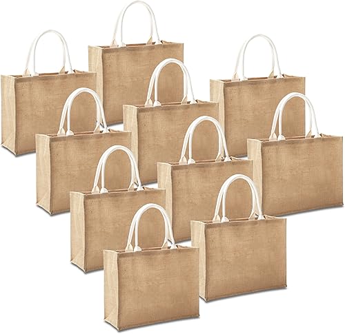 YACEYACE Bolsas de viaje de yute con asas a granel, juego de 10 bolsas de arpillera de gran tamaño 16.5 x 7 x 13 pulgadas, bolsa reutilizable para