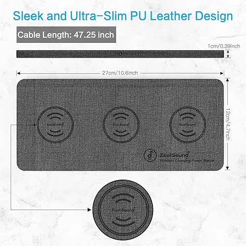 Miniatura 4 de ZealSound Cargador inalámbrico triple, almohadilla de carga, estación de carga ultra delgada y rápida de 3 x 10 W para múltiples dispositivos