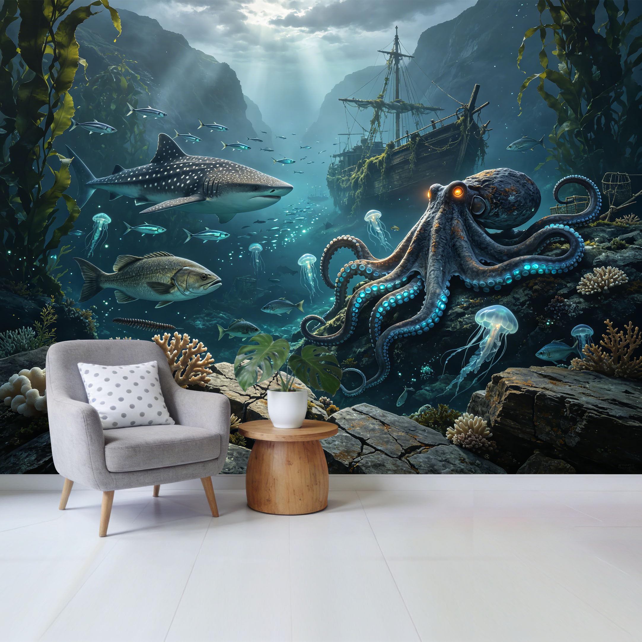 Custom Size Wall Mural Deep Sea Octopus Shipwreck Ocean Marine 3D Underwater Scene Removable Self Adhesive Fabric Home Wall Decor for Living Room Bedroom Bathroom
