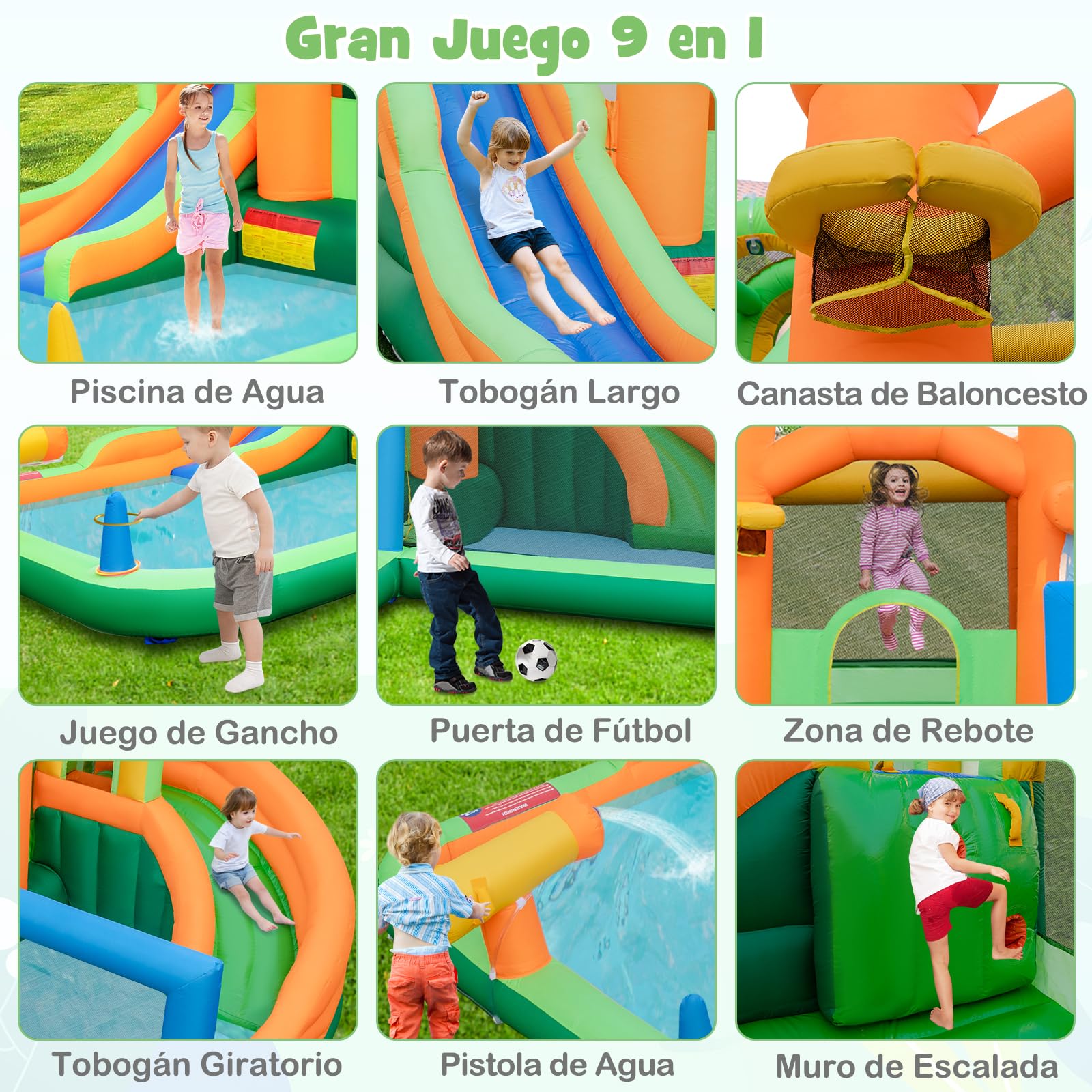 GOPLUS Castillo Hinchable 9 en 1 con 2 Toboganes, Piscina, Aro de Baloncesto, Juego de Gancho, Zona de Rebote, Pistola de Agua, Pared de Escalada, Casa de Salto Húmeda y Seca (sin Soplador)
