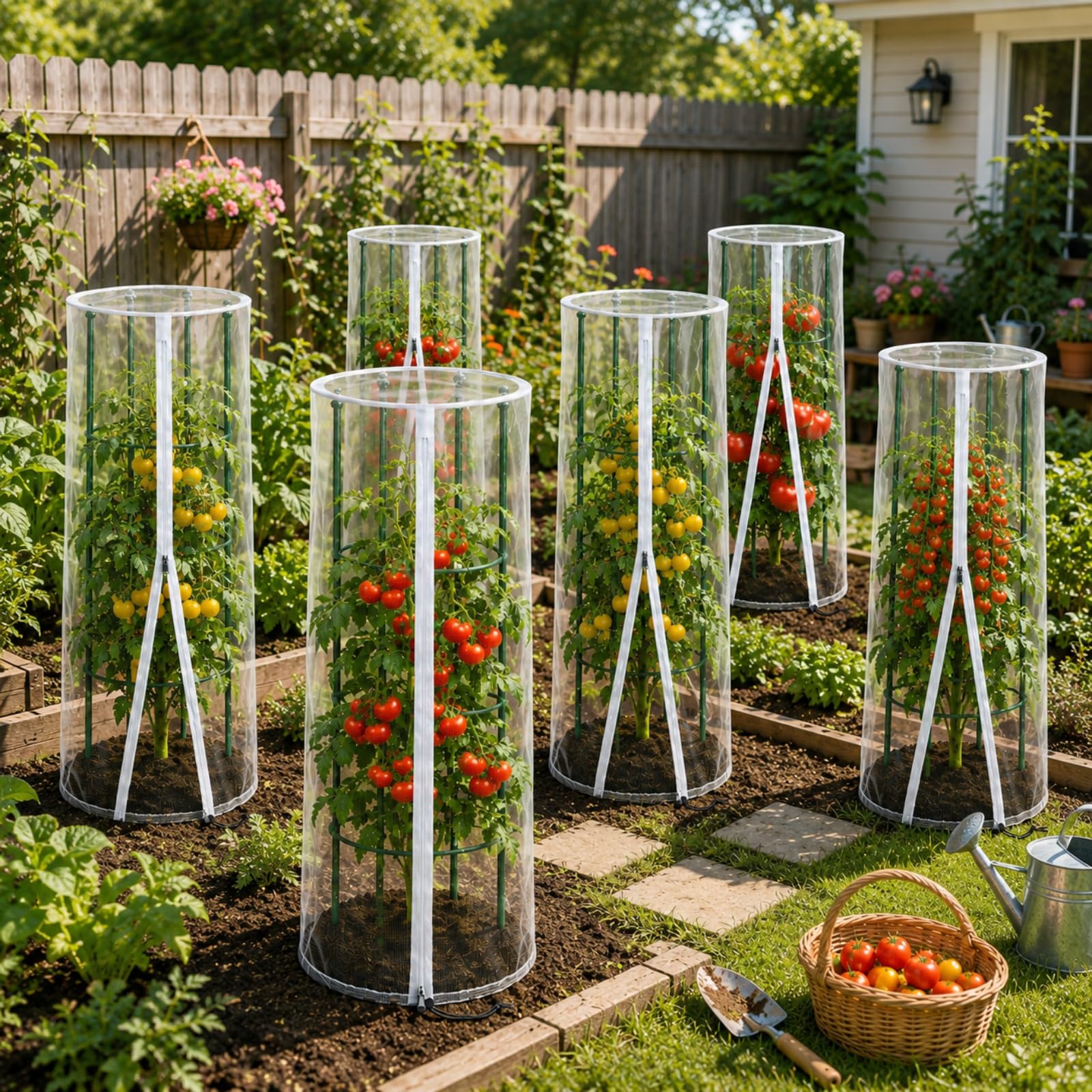 Vogelschutznetz & Insektenschutznetz für Tomaten Rankhilfe und Rankgitter, ohne Gestänge, 3er Set Rundes Pflanzenschutznetz Ø45 × 155 cm, Engmaschiges Gemüseschutznetz mit Reißverschluss und Zugband