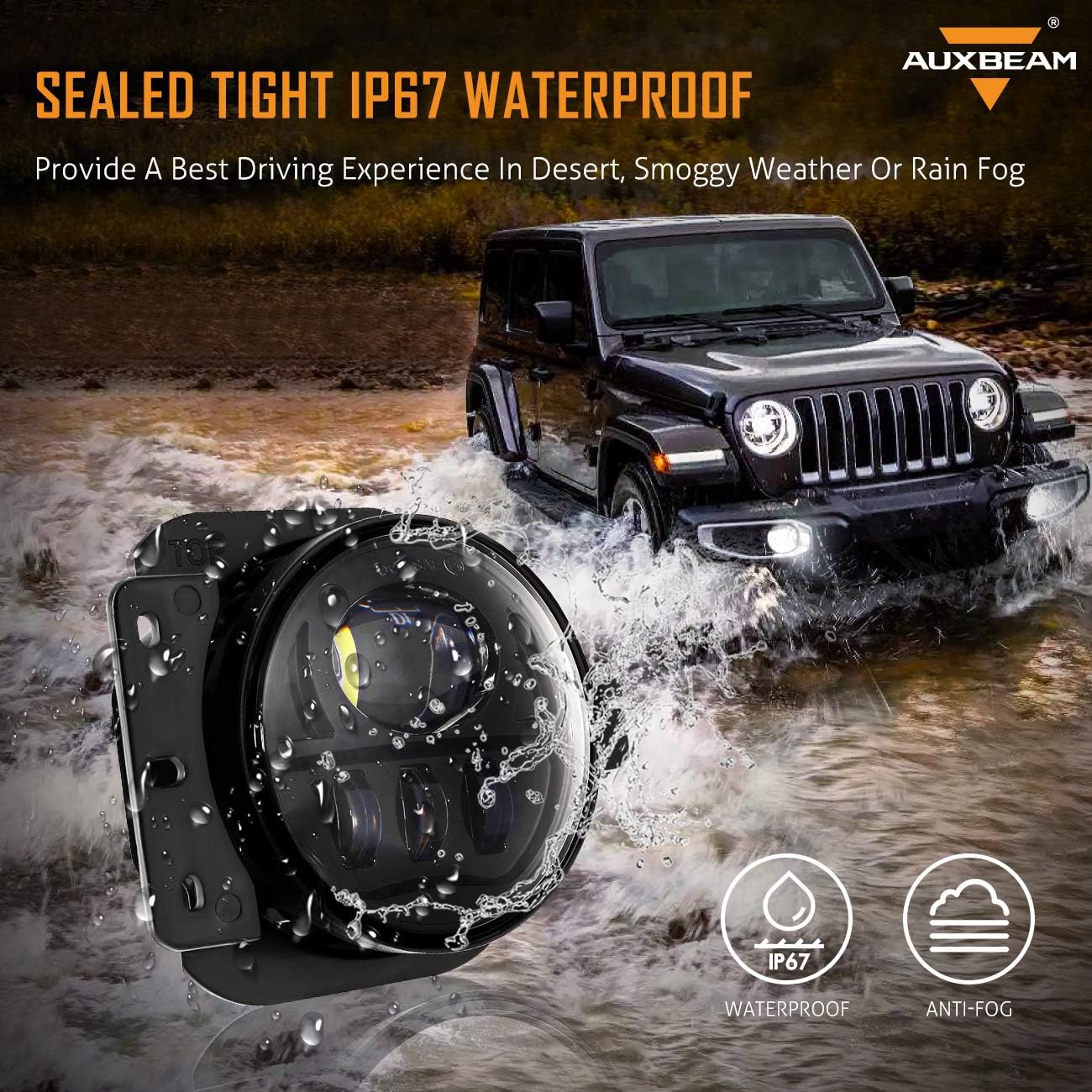 Auxbeam 4 Inch LED Fog Lights DOT Approved Replacement for Jeep Wrangler JL JLU Unlimited Sport Rubicon Sahara 2018-2023, 4 Inch Round Fog Lamps w/ 2 Brackets Black