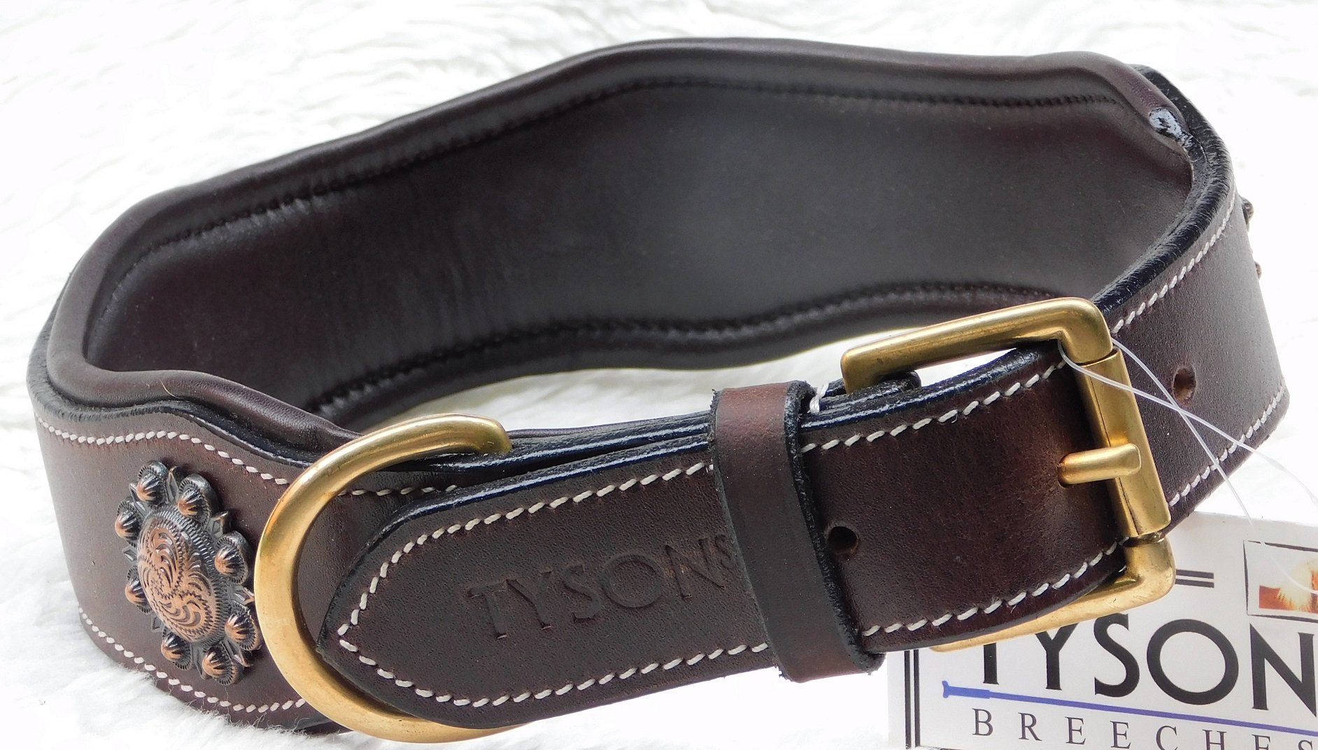 Tysons Breeches Hundehalsband Leder ‚Wave‘ – Schwarz, Wellenförmig Mit Sonnen-Conchos | Größe L/XL, Weich Unterlegt, Fest Vernäht