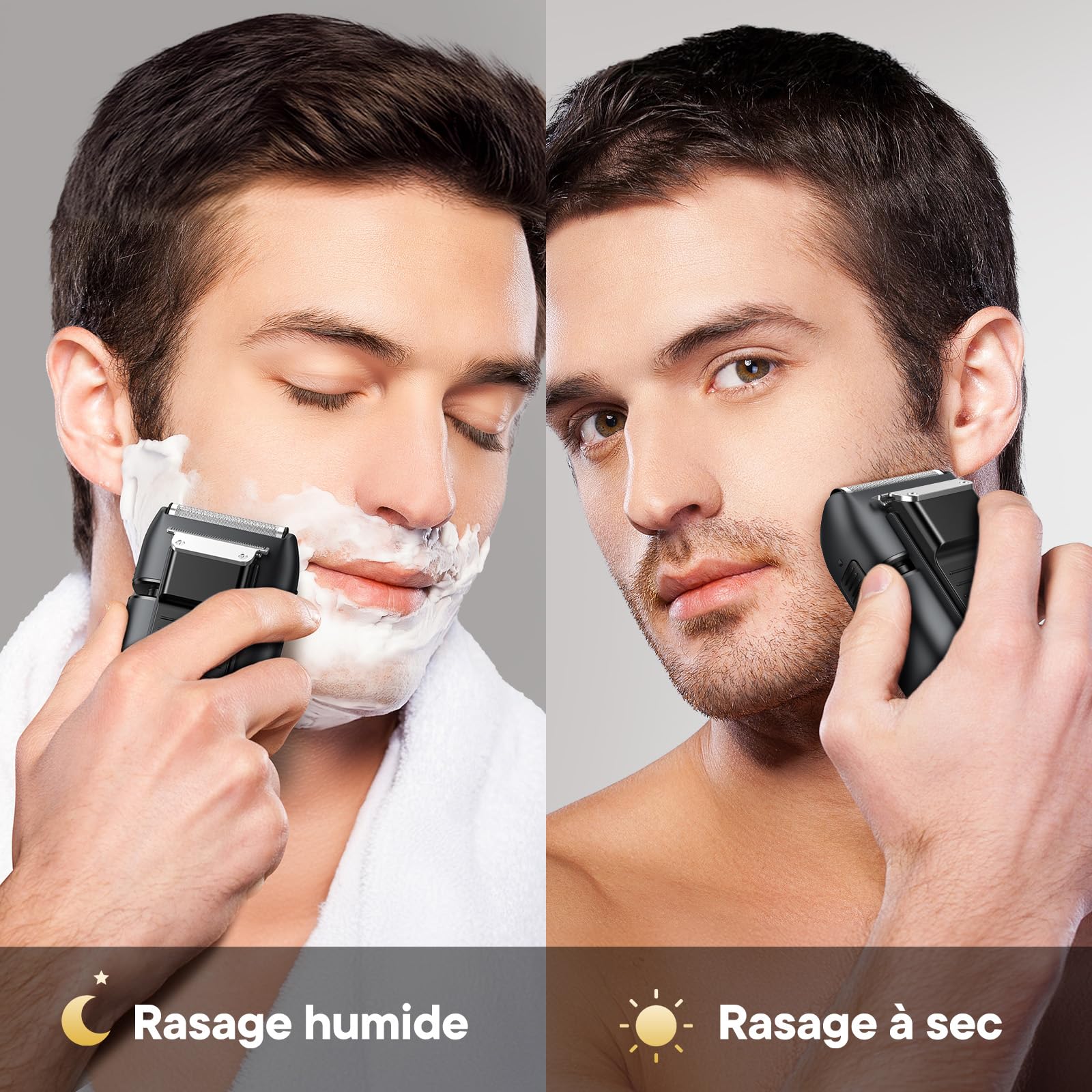 Brightup Rasoir Electrique Homme, Rasoir À Grille avec Tondeuse Rétractable, 150 Min D'autonomie, Etanche et Sans Fil, Charge Rapide USB-C, Lames Flexibles Pour Raser Doucement Visage et Barbe, Noir