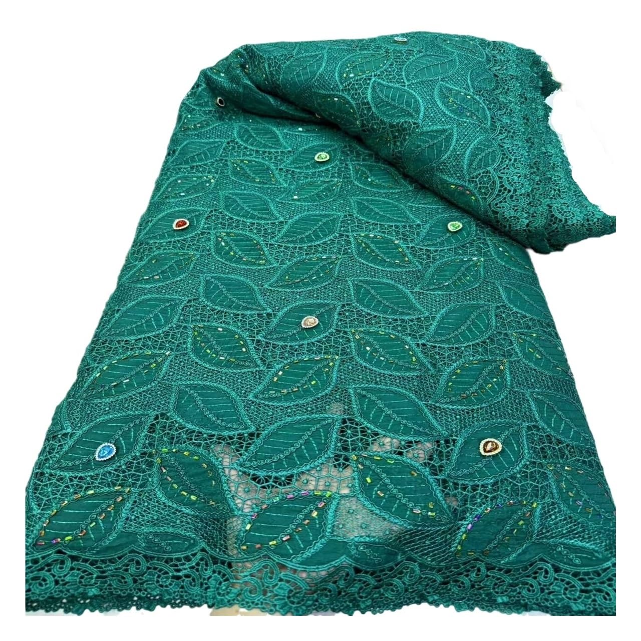 Tela de encaje guipur con recorte follaje, diamantes imitación, 5 yardas | tela de encaje cortada a medida, tela de 47 pulgadas de ancho, vestidos de novia de ropa de hojas botánicas cosiendo(Green2)