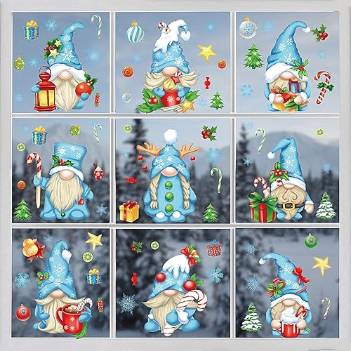 Miniatura 1 de Calcomanías de Navidad para ventana, color azul, de doble cara, gnomo de Navidad, copo de nieve para vidrio, sala de estar, calcomanías de ventana