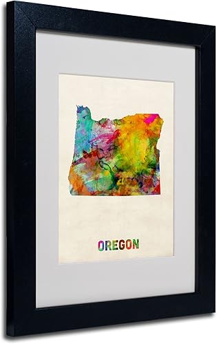 Trademark Fine Art Mapa Oregon - Arte enmarcado enmarcada por Michael Tompsett en marco negro, 11 x 14 pulgadas