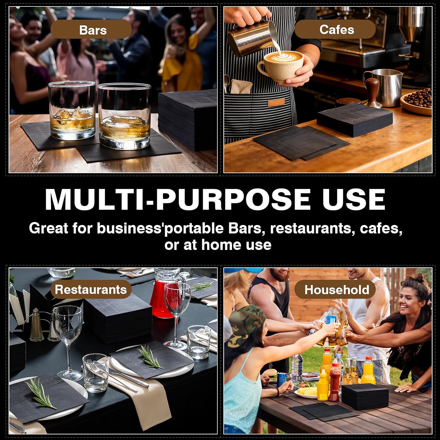 600Pcs Black Cocktail Napkins Bulk Party Paper Beverage Napkins Disposable