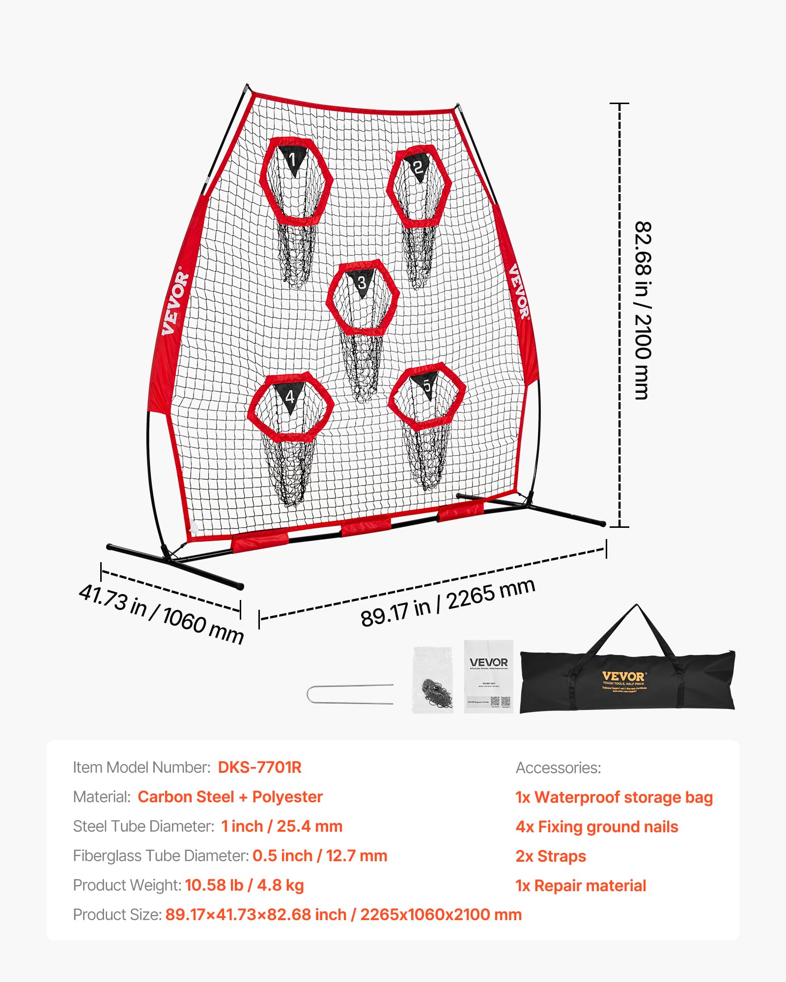 VEVOR Filet de lancement pour entraîneur de football de 2,1 x 2,1 m, filet d'entraînement avec 5 poches pour cible, filet sans nœuds avec sangles et étui de transport portable, améliore la précision