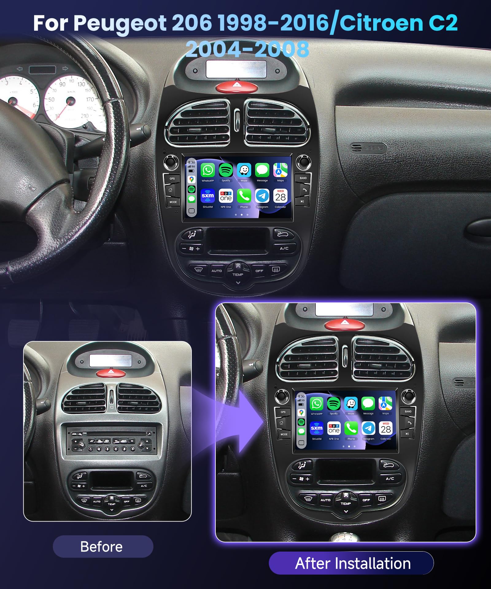 [2G+64G] Auto Radio per Peugeot 206 1998-2016/ per Citroen C2 04-08 con CarPlay wireless e Android Auto, Display touchscreen da 7 pollici Autoradio, Navigazione GPS, WiFi, Bluetooth