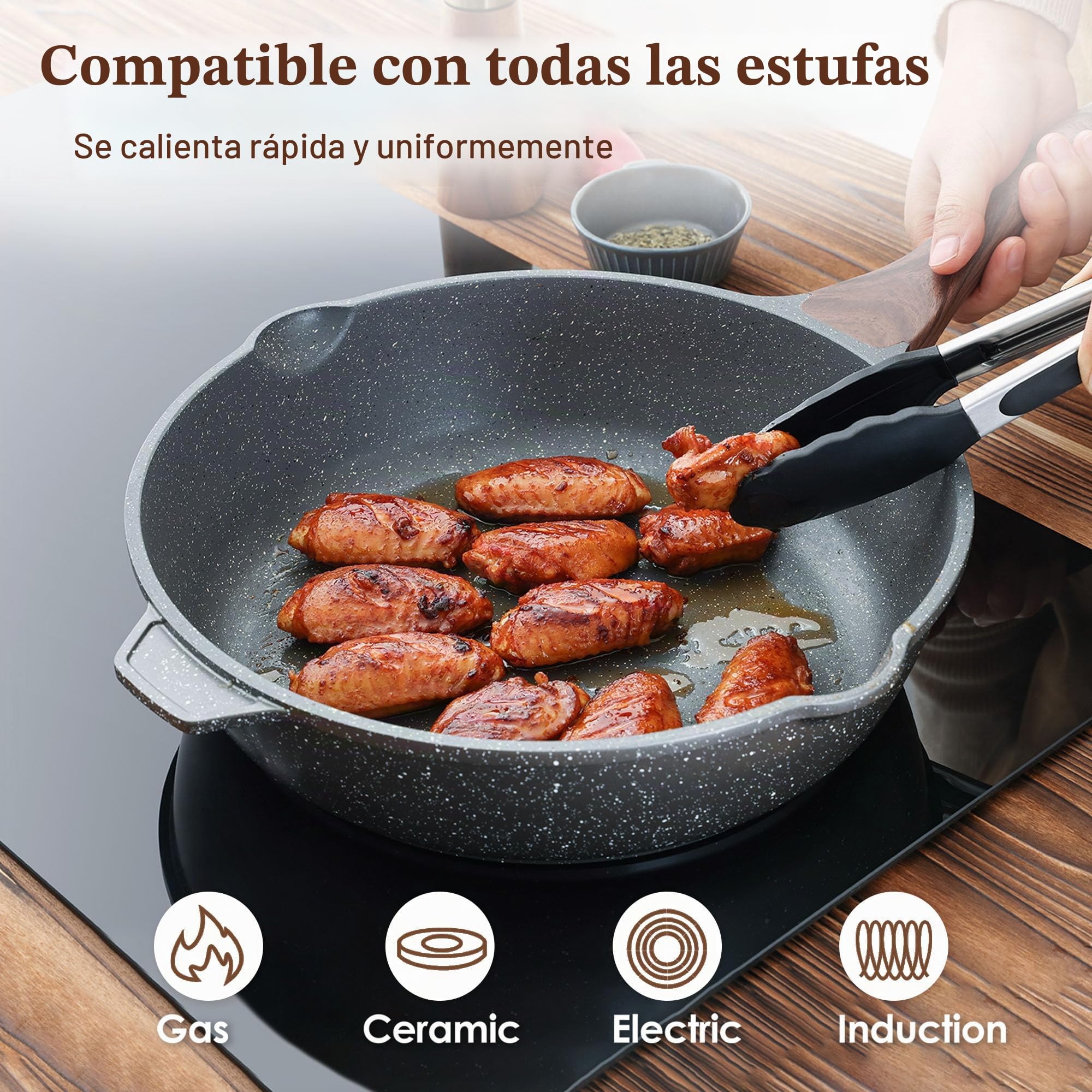 SENSARTE 28cm Sartén Antiadherente, Sartén Profunda con Tapa | Revestimiento de Granito Suizo, Sartén de Piedra Saludable, Utensilios de Cocina, Apta Inducción, Mango Resistente al Calor