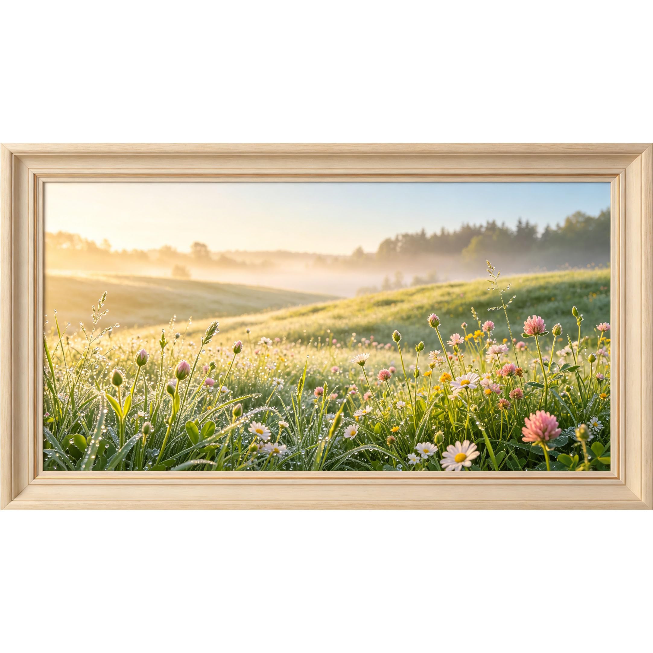 QZLITHOTIC 50×100cm 3D Framed Wall Art， Morning Meadow Landscape Self?Adhesive Mural， Water?Activated Peel & Stick Fabric Decor Wall Decal for Bedroom Living Room