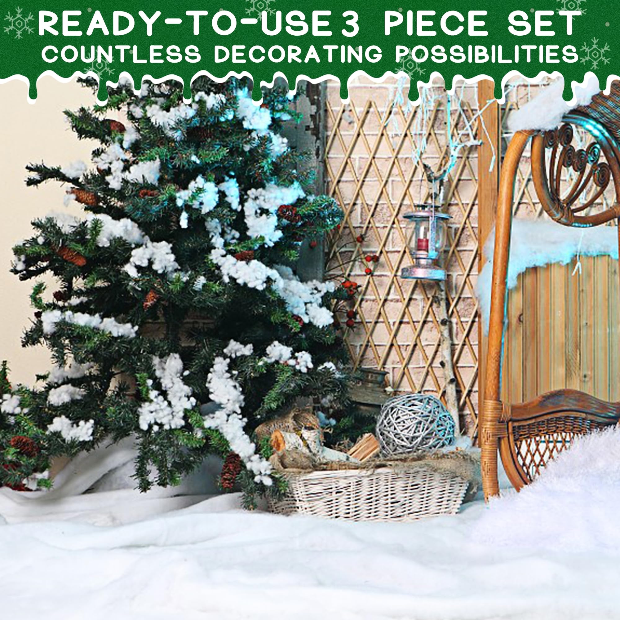 winemana Juego de 3 piezas de decoración de nieve falsa de Navidad, rollo de manta de nieve, copos de nieve artificiales, nieve esponjosa para casas de pueblo de Navidad, decoración de mesa de cocina