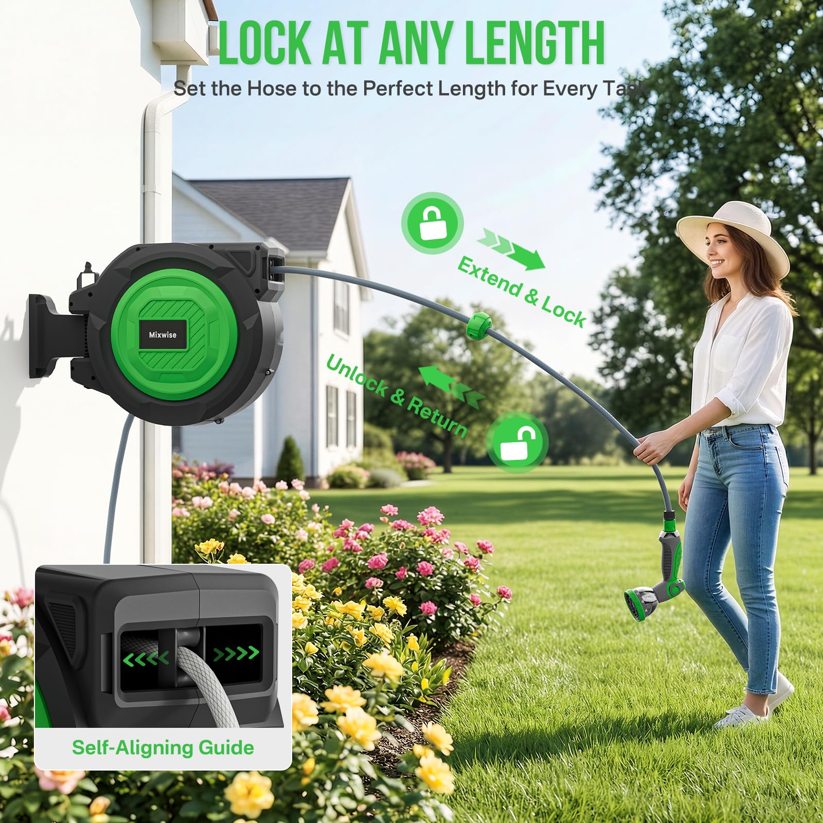 Retractable Garden Hose Reel, 1/2'' x 30m+2m Wall Mounted Hose Reel with 180° Swivel Bracket,10-Pattern Nozzle, Automatic Slow Return System, Any Length Lock, Hosepipes for Garden, Cleaning - 5