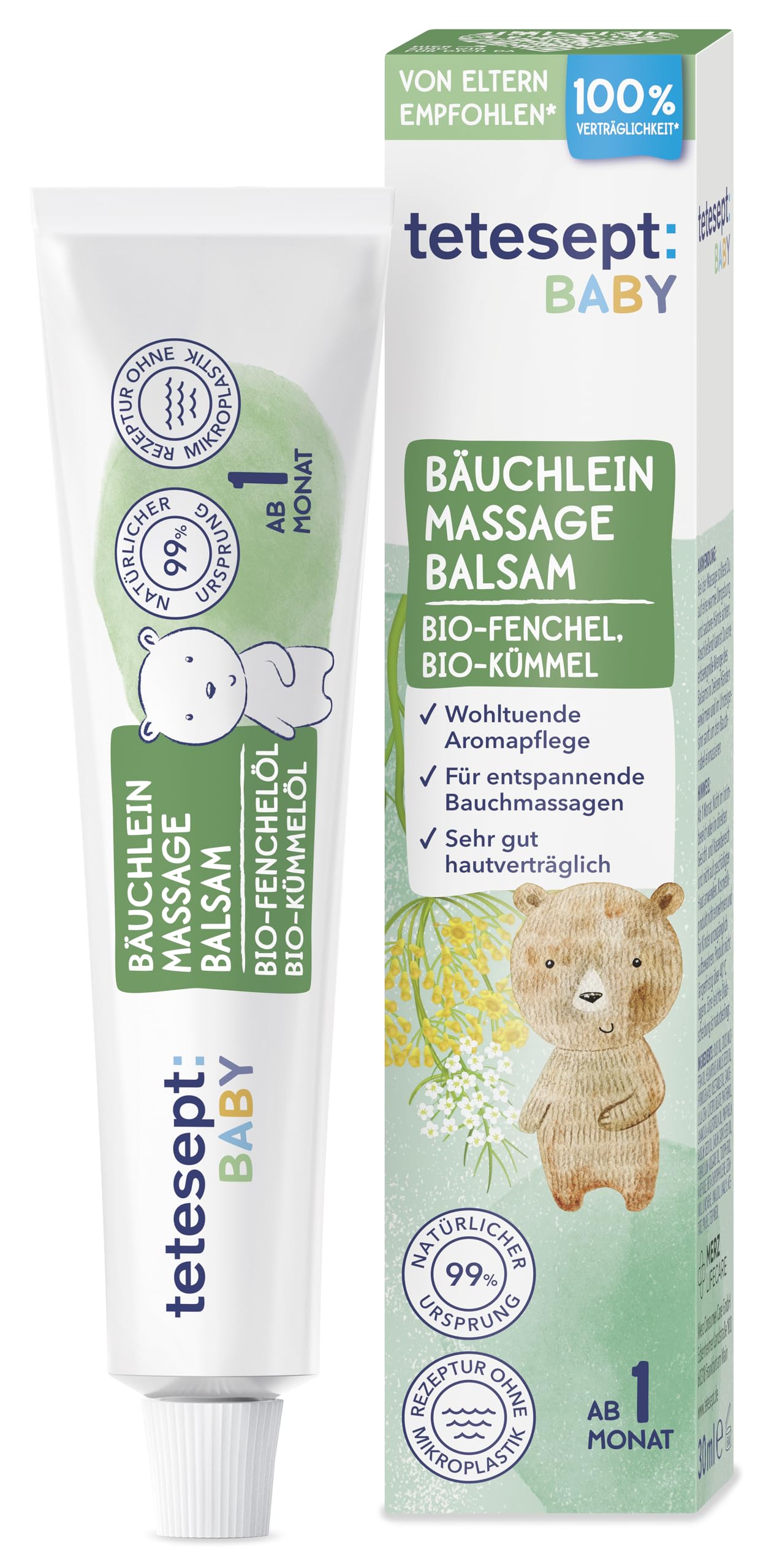 tetesept Baby Bäuchlein Massage Balsam 30 ml – Mit Fenchel-, Kümmel- & Lavendelöl – Aroma Pflege ab 1 Monat unterstützt entspannenden Effekt von Bauchmassagen