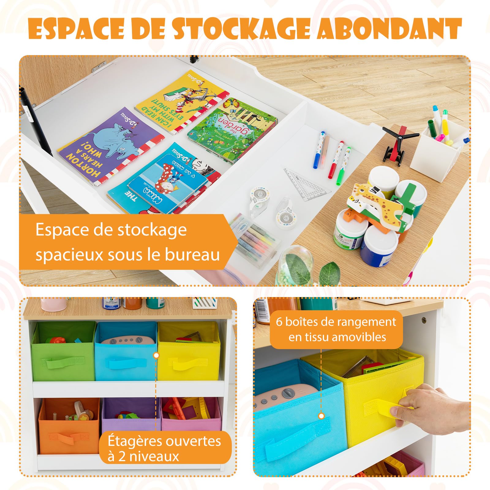 COSTWAY 2 en 1 Table Enfant avec 2 Chaises & Plateau Inclinable, Bureau Enfants en Bois avec 6 Boîtes de Rangement, Charge 91/75kg