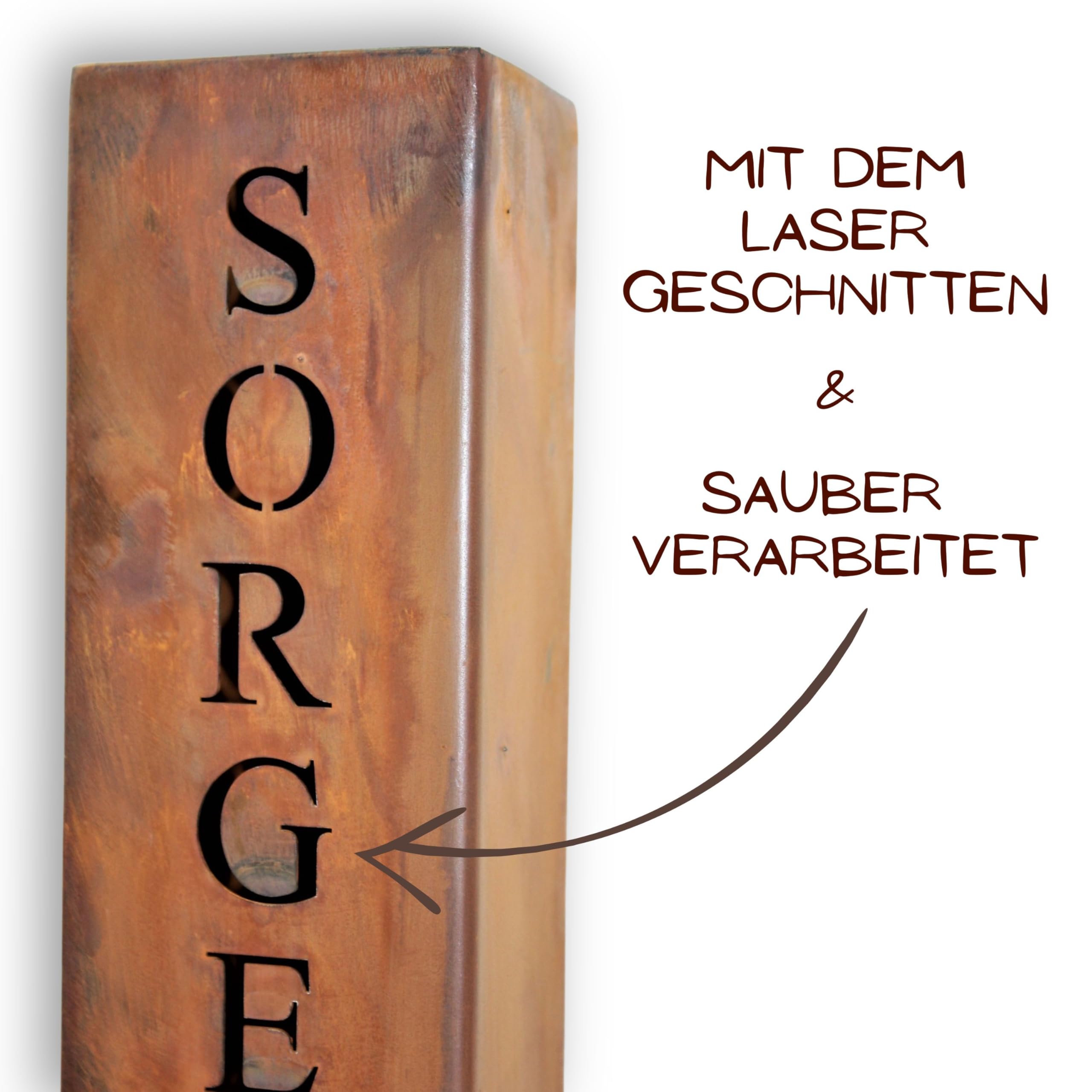 Rostikal Cortenstahl Säule 100 cm – Personalisierte Rostdeko mit Wunschname – Robuste Metall Stele für Garten, Haus & Eingangsbereich – Edelrost-Dekosäule