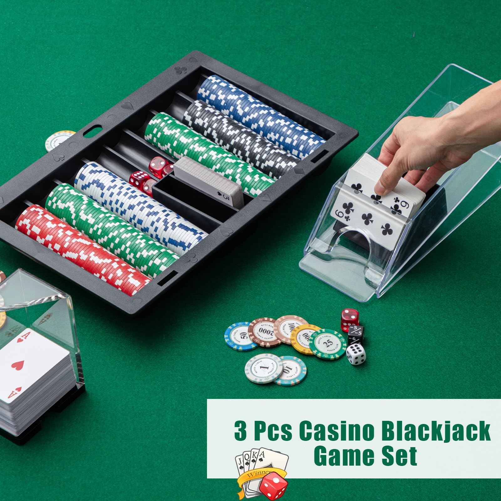 Honoson Poker Chip Tray mit 6 Deck Blackjack Schuh und Discard Tray Black Poker Chip Dealer Holder Card Shoe Black Plastic Jack Dispenser Table Set for Casino Game Party Accessories