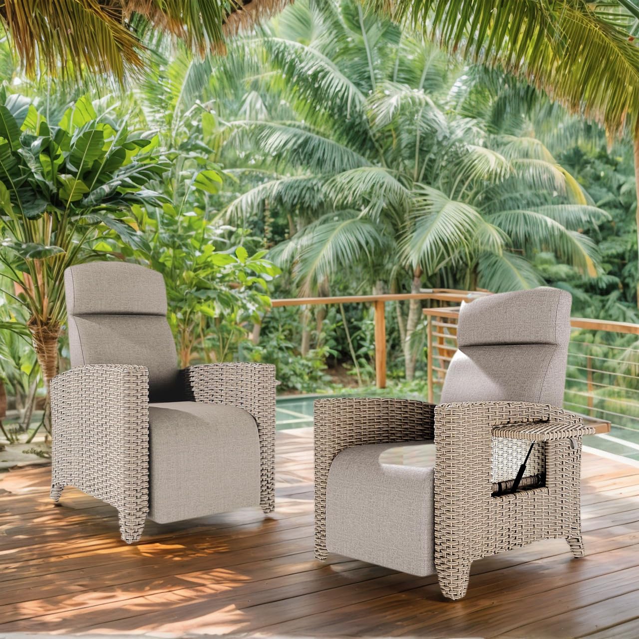 Poltrona Reclinabile Rattan, Ergonomica, Schienale Regolabile, con Cuscino Spesso, Adatta per Interni, Balcone, Giardino, Cortile (Bordi in Rattan Marrone + Cuscino Albicocca)