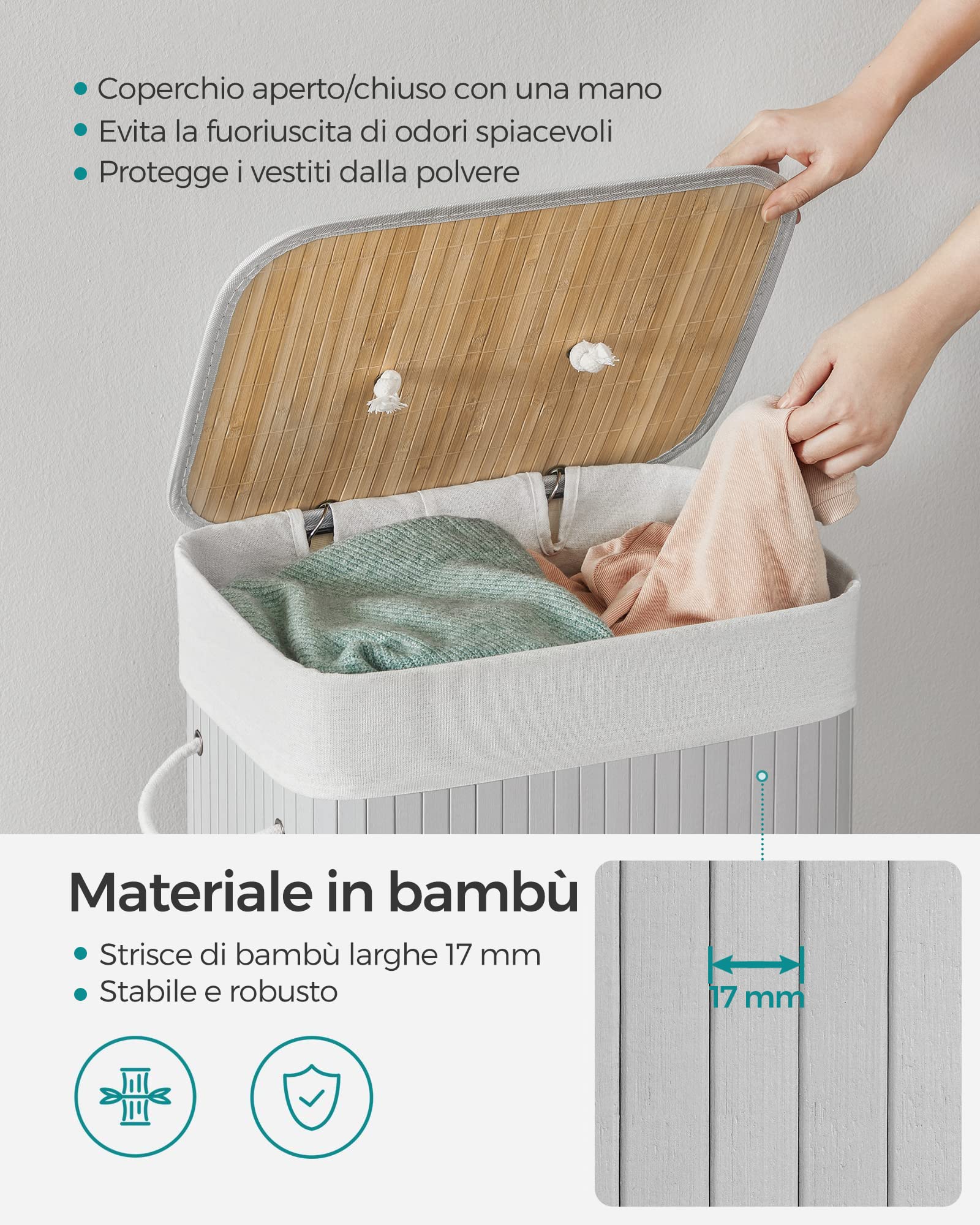 HOMCOM Cesta Porta Biancheria 72L con Coperchio in Bambù e Sacco Rimovibile