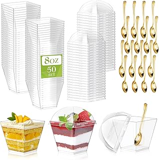 150 Pack 8oz Square Plastic Dessert Cups with Dome Lids and Mini Gold Sp...