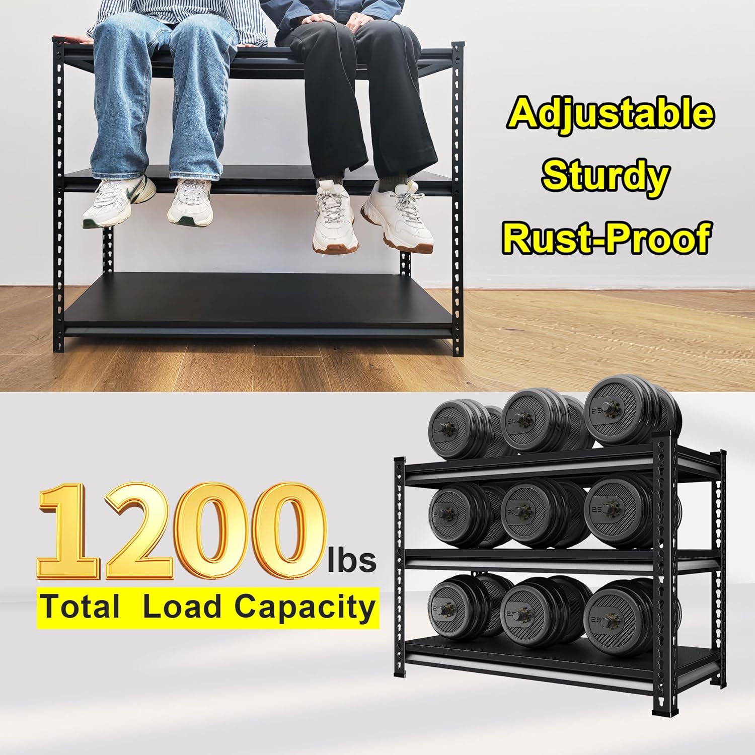 Metal Heavy Duty Garage Shelves: 40''W 1,200Lbs Steel Adjustable Storage Industrial Utility Shelving Rack Units 3 Tier Black 40" W x 16" D x 36" H