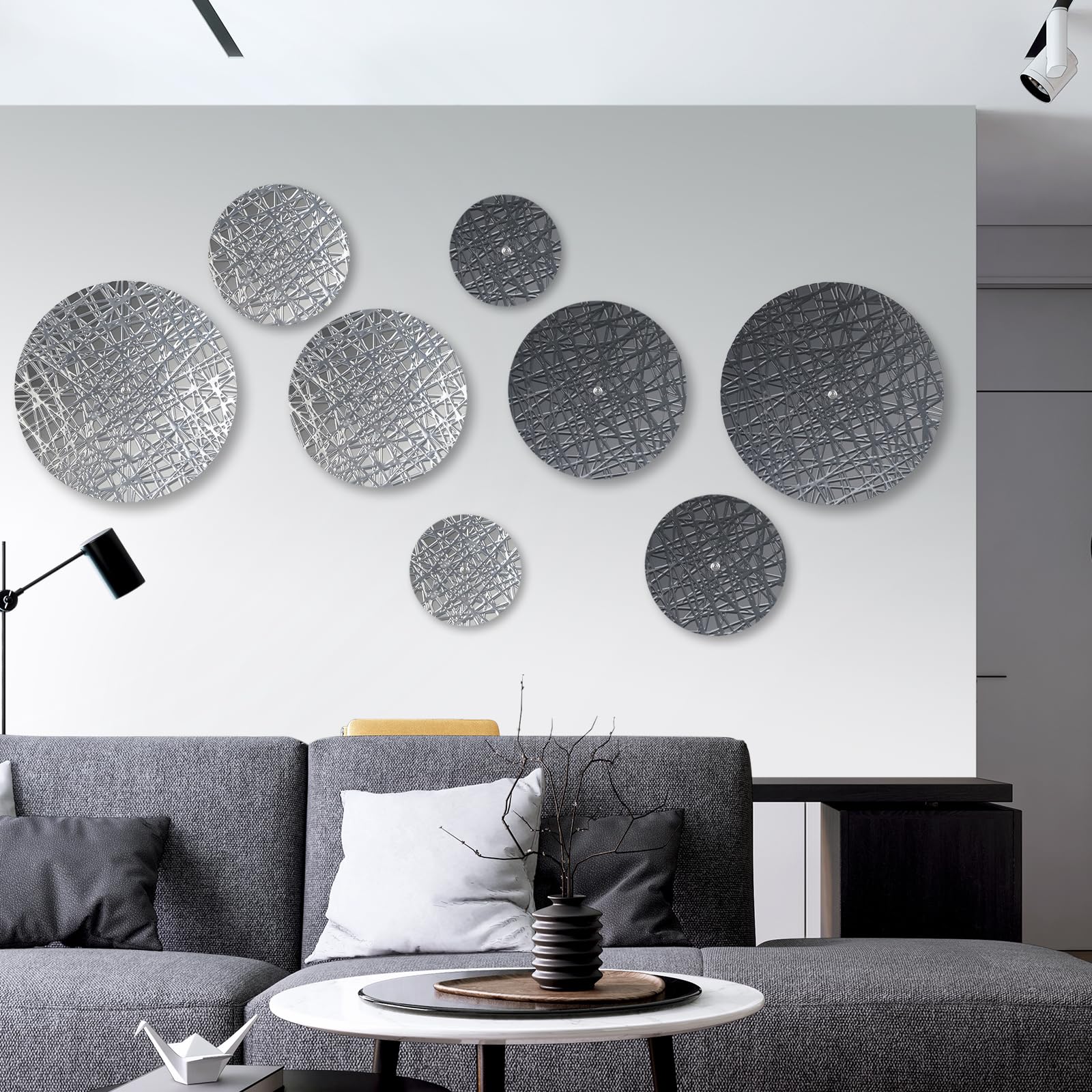 DETENE pared redonda metal Decoración,pared boho Metal redondo | 8 piezas con 4 tamaños, plateado y azul, esculturas colgantes modernas para salón, oficina, apartamento, baño