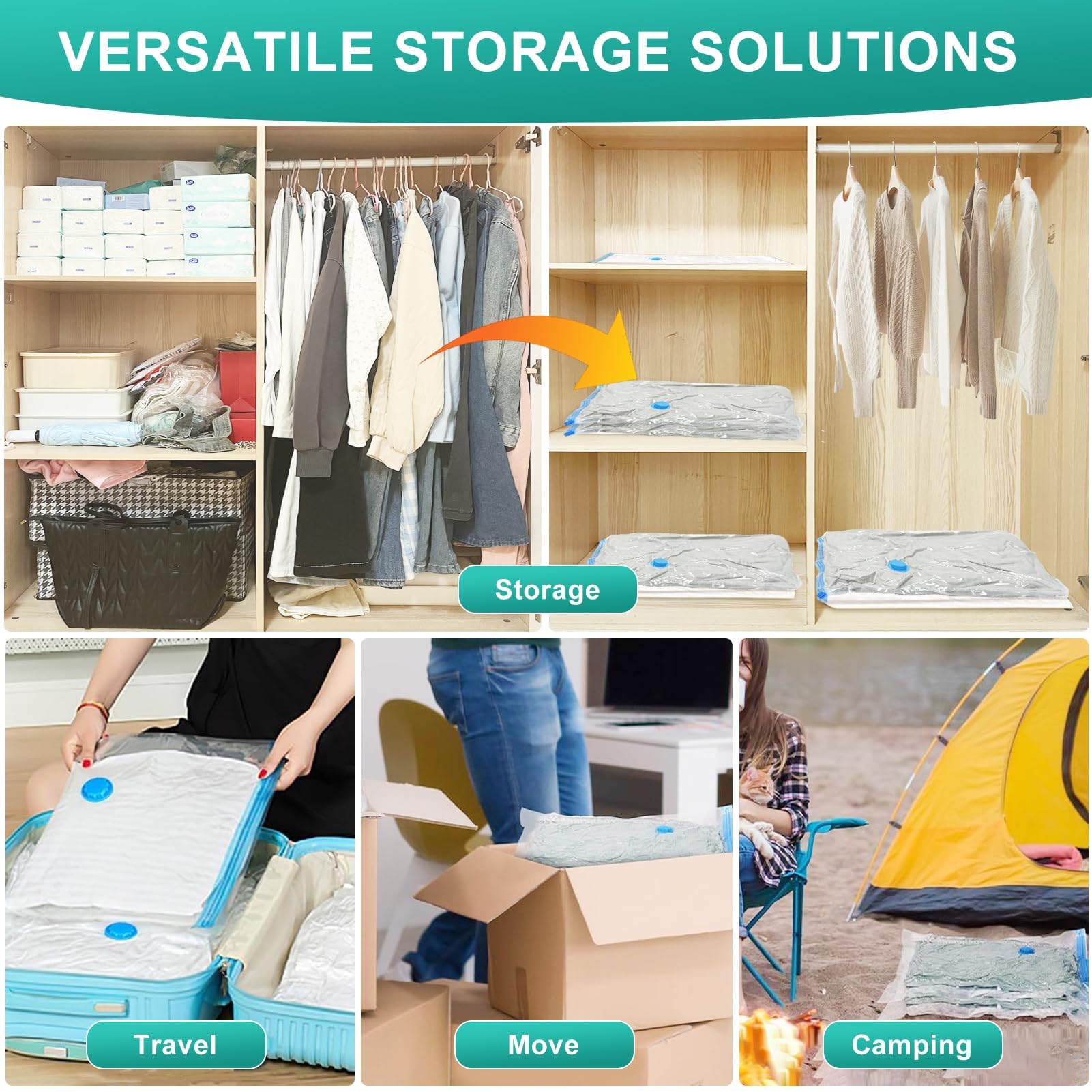 Sacchetti sottovuoto per vestiti, confezione da 20 con pompa ad aria, 4 misure x 5 sacchetti sottovuoto | (Jumbo/L/M/Small) sacchetti per abbigliamento, sacchetti sottovuoto da viaggio, piumini, vestiti, viaggi, cuscini