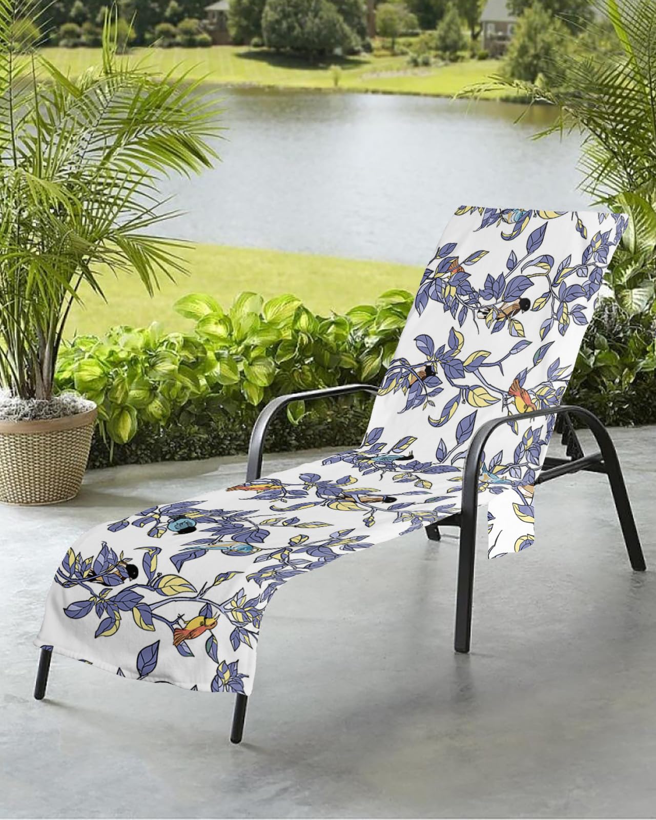 Vintage Plants Beach Chair Towel Covers for Chaise Lounge with Side Pocket, Soft Plush Pool Towels Cover for Patio Sunbathing Outdoor 29''x85'' Blue Leaves Flower Botany Birds