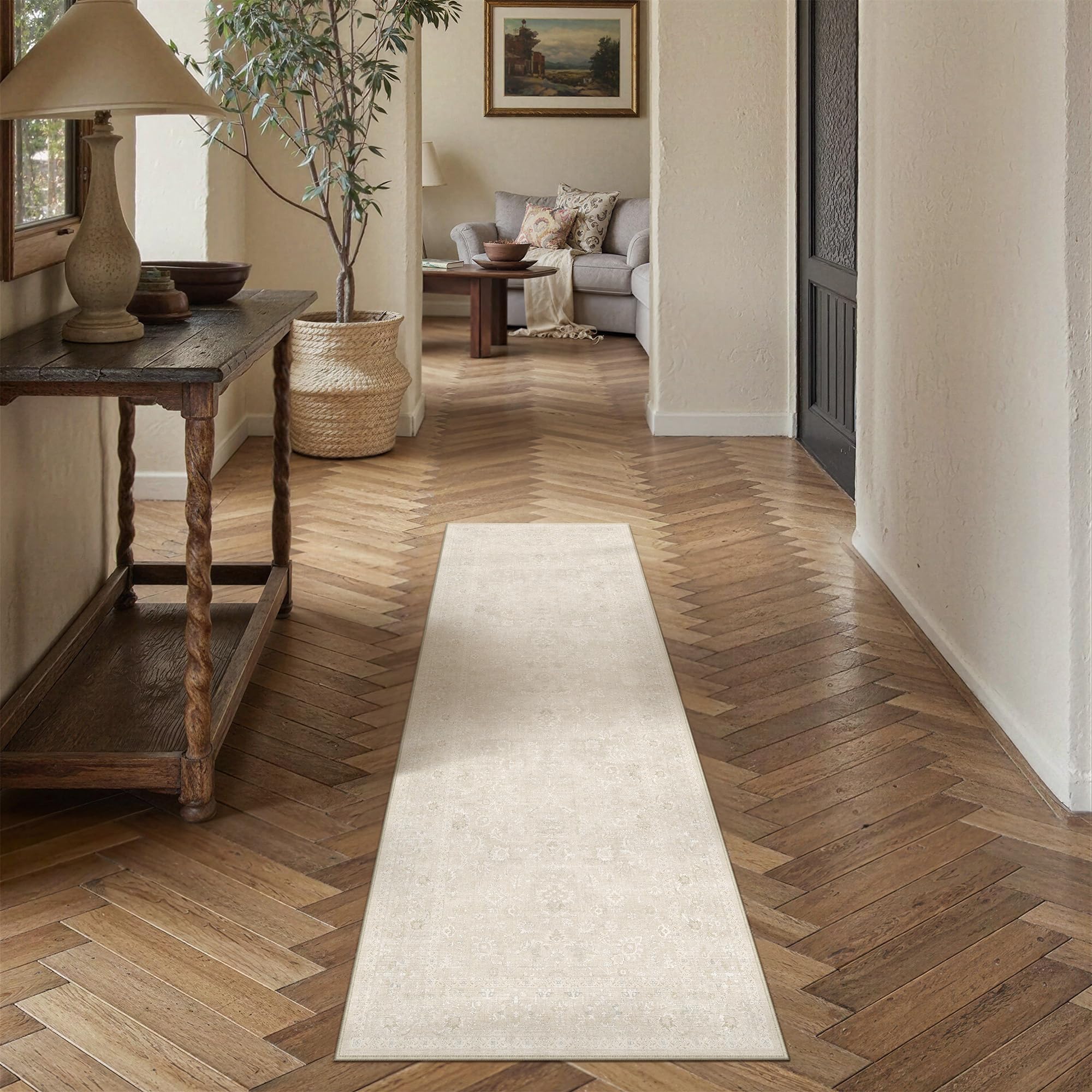 PureCozy 2x6 Beige Runner Rug Washable Hallway Non Slip Kitchen Vintage