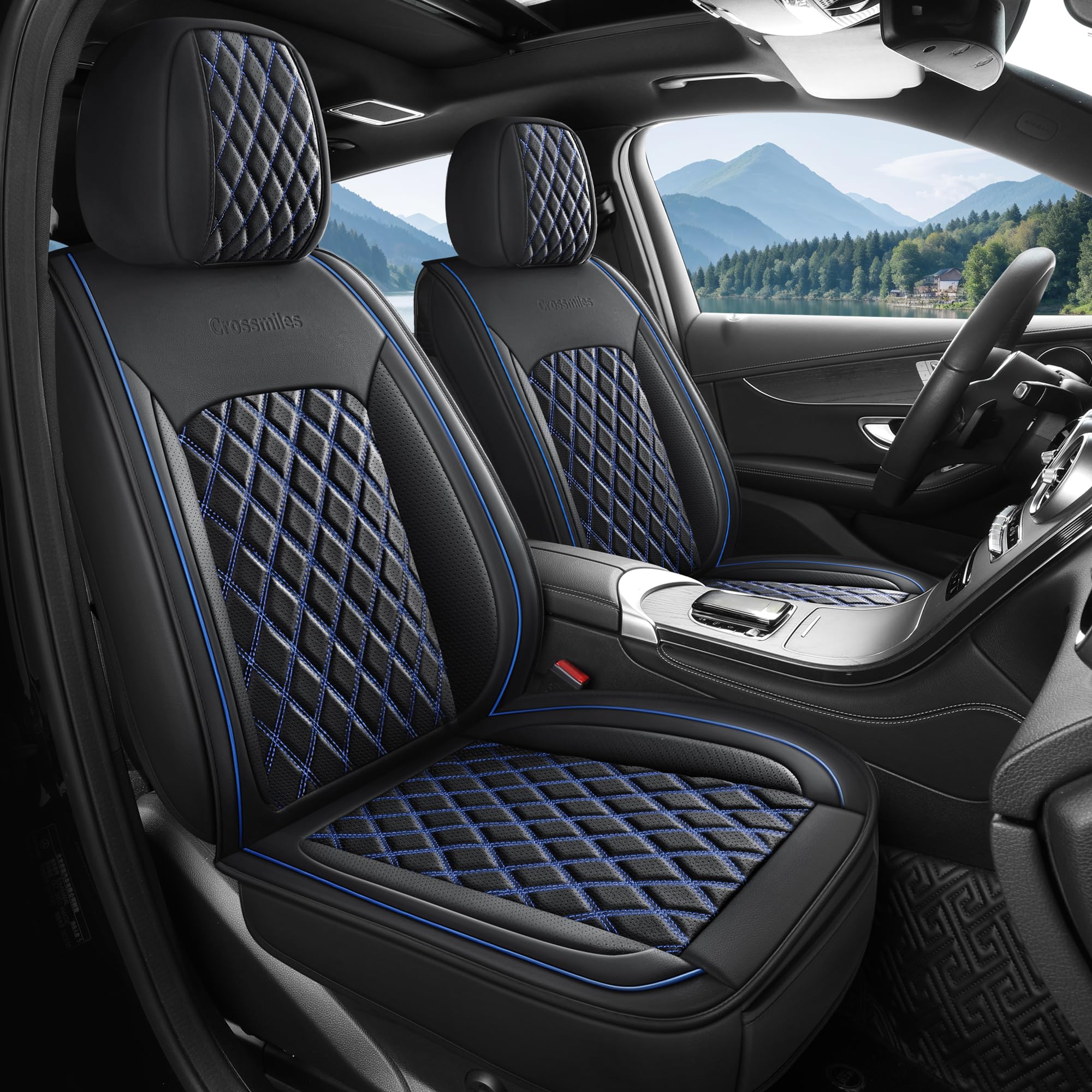 crossmiles 5PCS Leather Car Seat Covers - Waterproof Protection, Super Breathable, Stylish Auto Accessories for Most Car Front and Back - Universal Car Seat Cover - Black/Blue-Diamond
