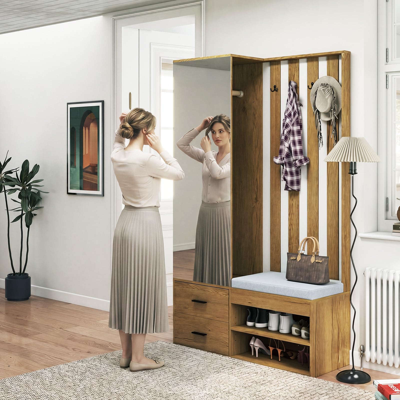 HAUSPROFI Garderobe Set Garderobenset Hoch mit Spiegel und Sitzbank, Garderobenschrank Flurgarderoben Set mit Haken und 2 Schuhschrank, Kompaktgarderobe mit 2 Schubladen, Flur Möbel, Holzfarbe