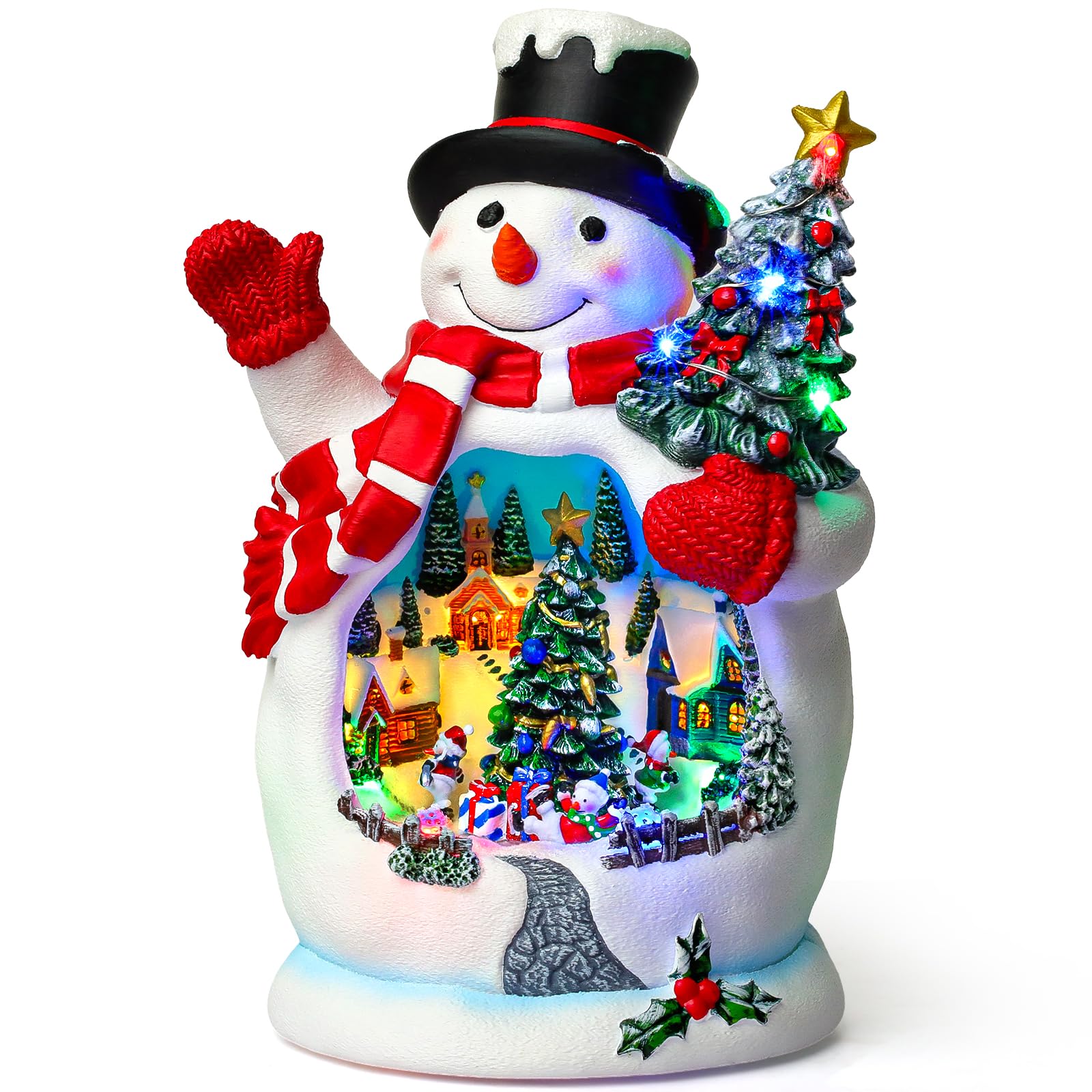 Snowman Christmas Village Scene Animated with Rotating Snowman LED Lights Christmas Decorations Gifts Light Up Music USB/Battery Collectible Buildings Church Figurines